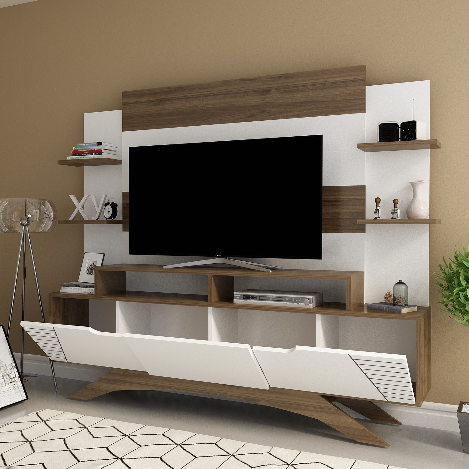 Móvel de TV moderno com opção de montagem na parede, nogueira e branco, 180 cm x 148,6 cm x 29,5 cm | 100% revestido em melamina, 18 mm de espessura | Solução de armazenamento elegante