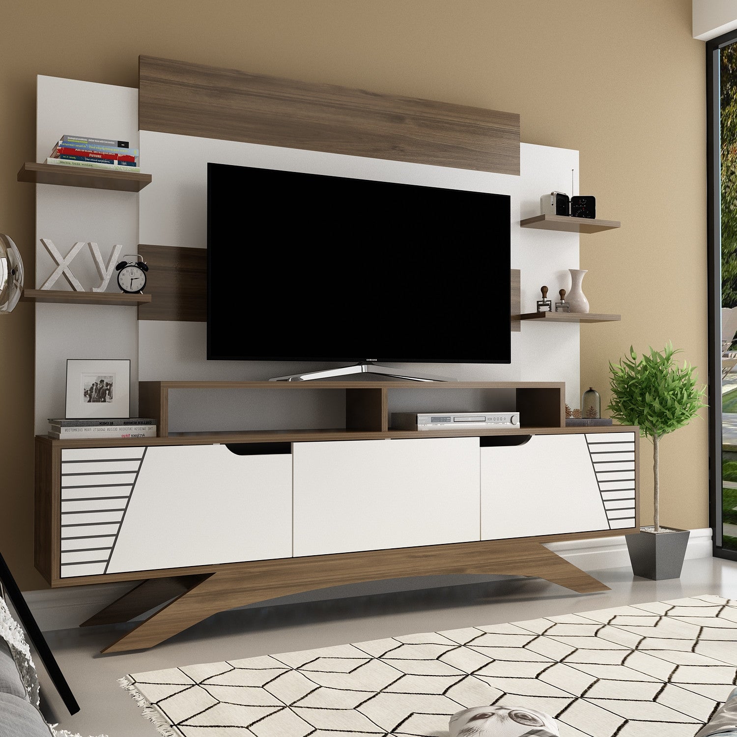 Móvel de TV moderno com opção de montagem na parede, nogueira e branco, 180 cm x 148,6 cm x 29,5 cm | 100% revestido em melamina, 18 mm de espessura | Solução de armazenamento elegante
