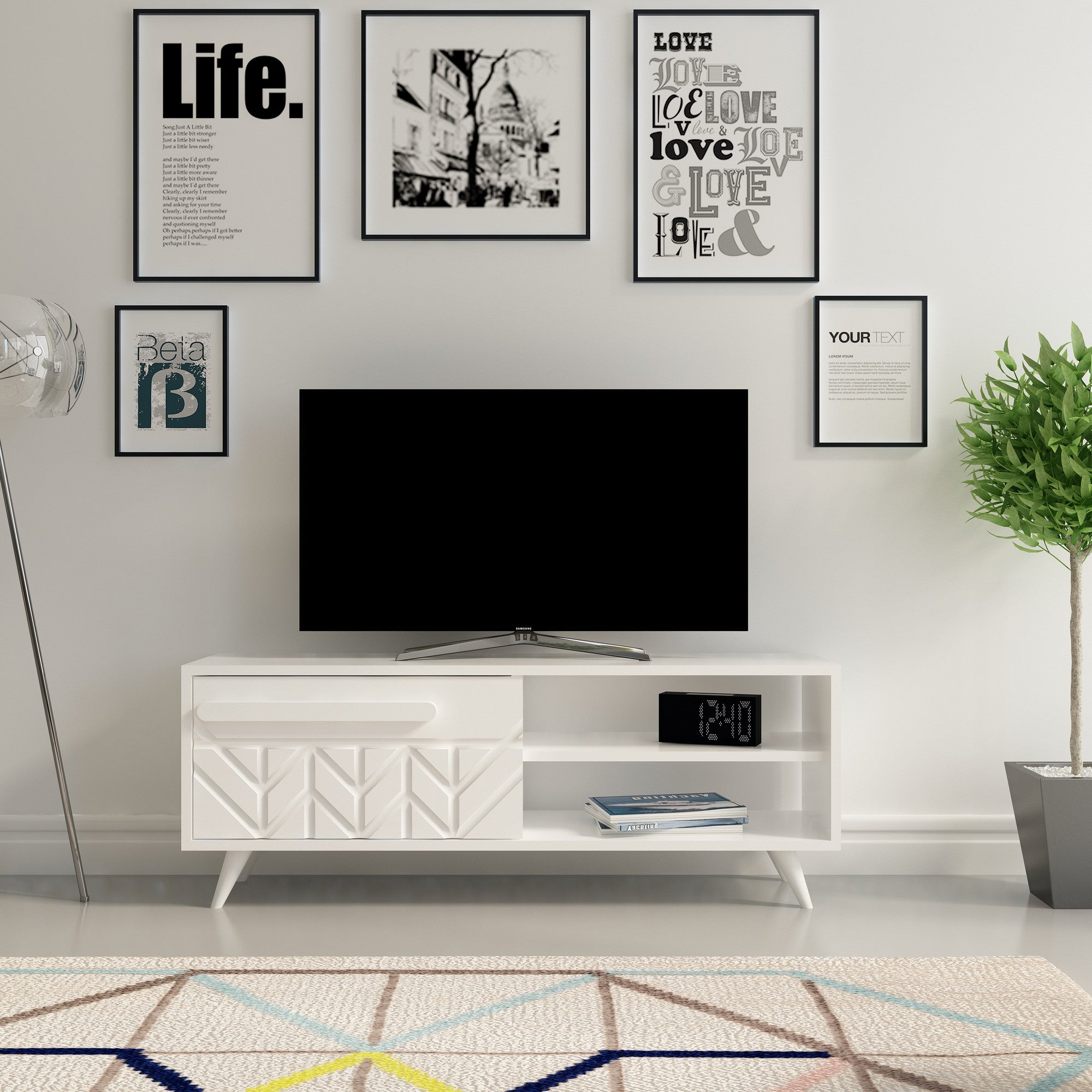 Suporte de TV moderno branco, 120 cm, 100% aglomerado revestido em melamina, 18 mm de espessura | Montável na parede, várias prateleiras, design elegante para sala de estar