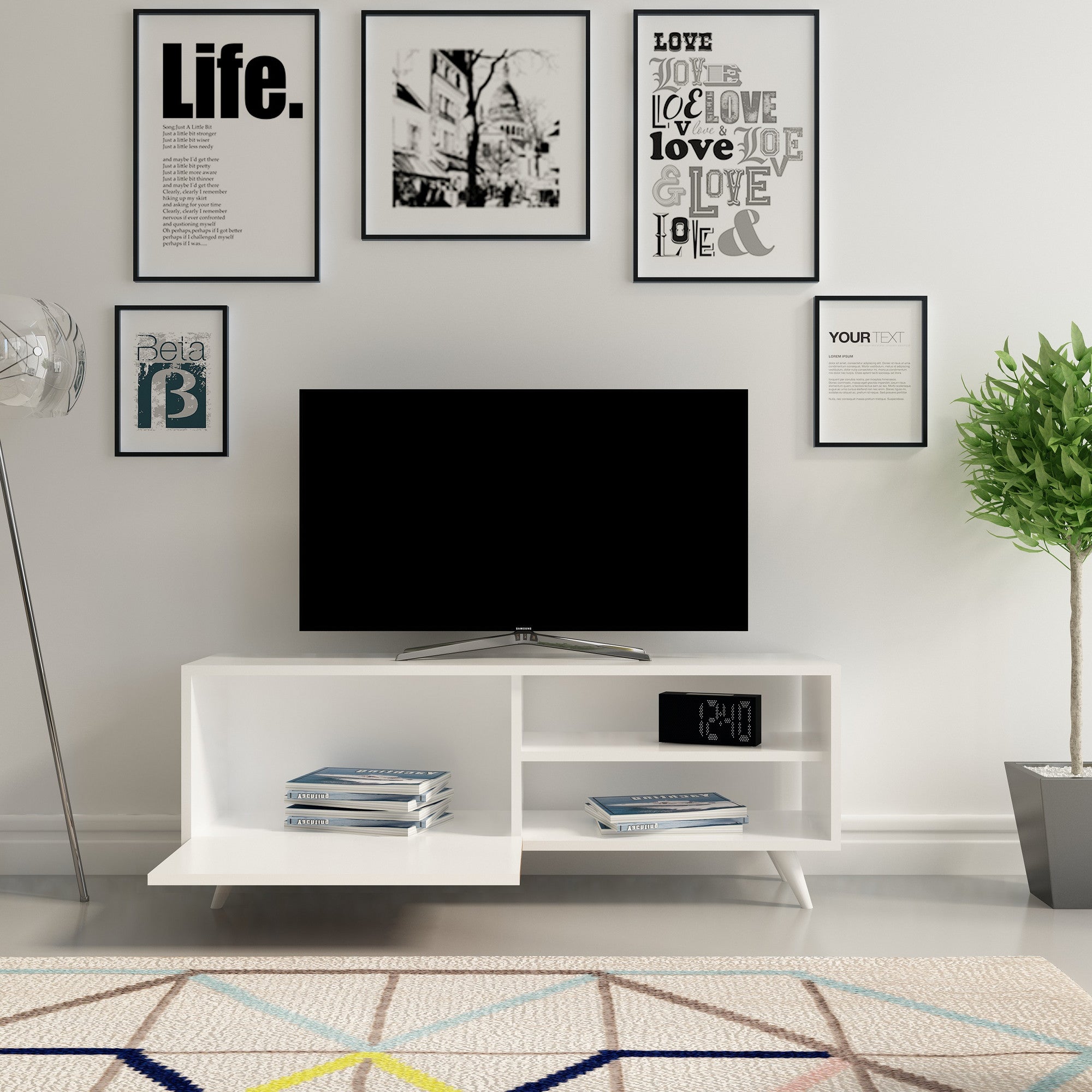 Suporte de TV moderno branco, 120 cm, 100% aglomerado revestido em melamina, 18 mm de espessura | Montável na parede, várias prateleiras, design elegante para sala de estar