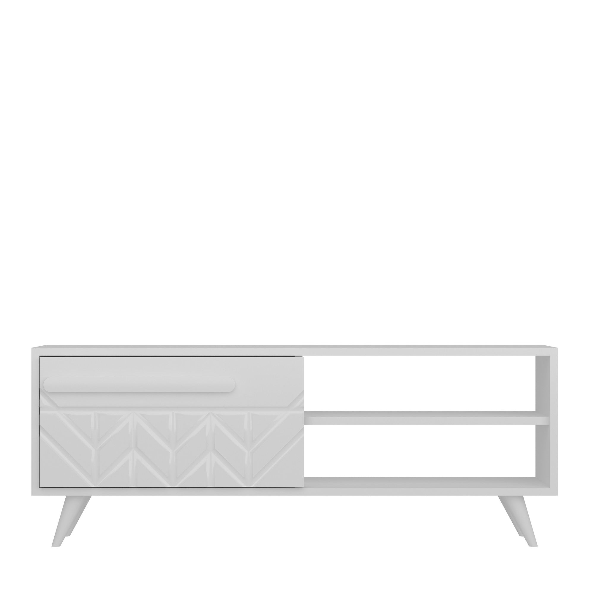 Suporte de TV moderno branco, 120 cm, 100% aglomerado revestido em melamina, 18 mm de espessura | Montável na parede, várias prateleiras, design elegante para sala de estar