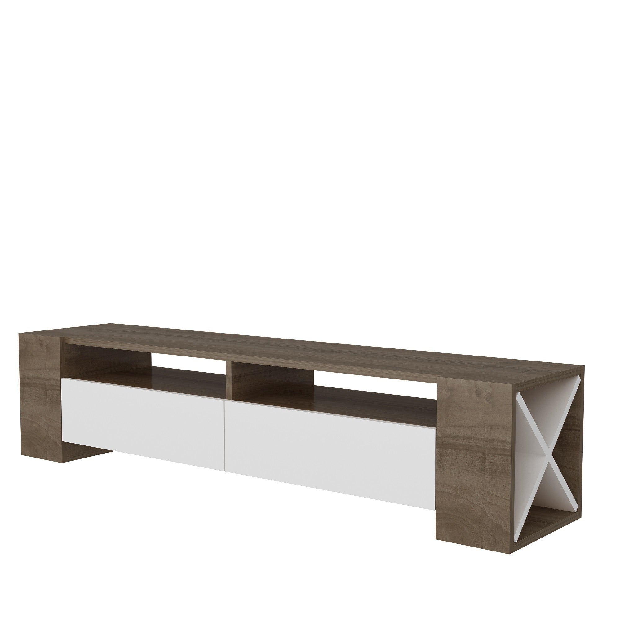 Suporte de TV moderno com armazenamento, nogueira e branco, 155 x 35 x 35 cm | Painel de partículas 100% revestido de melamina, 18 mm de espessura | Design elegante com várias prateleiras