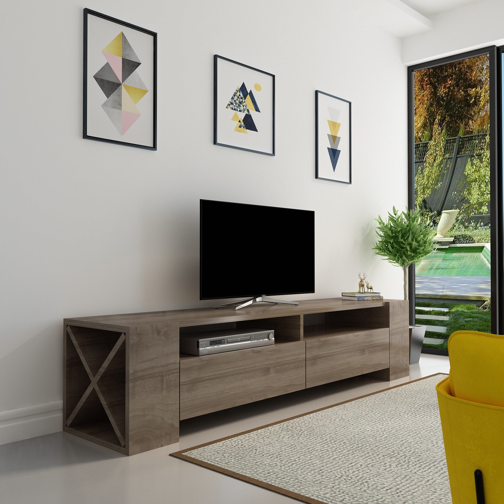 Suporte de TV moderno em nogueira, 155 cm de largura, 35 cm de altura | Painel de partículas 100% revestido em melamina, 18 mm de espessura | Várias prateleiras e espaço de armazenamento, design elegante
