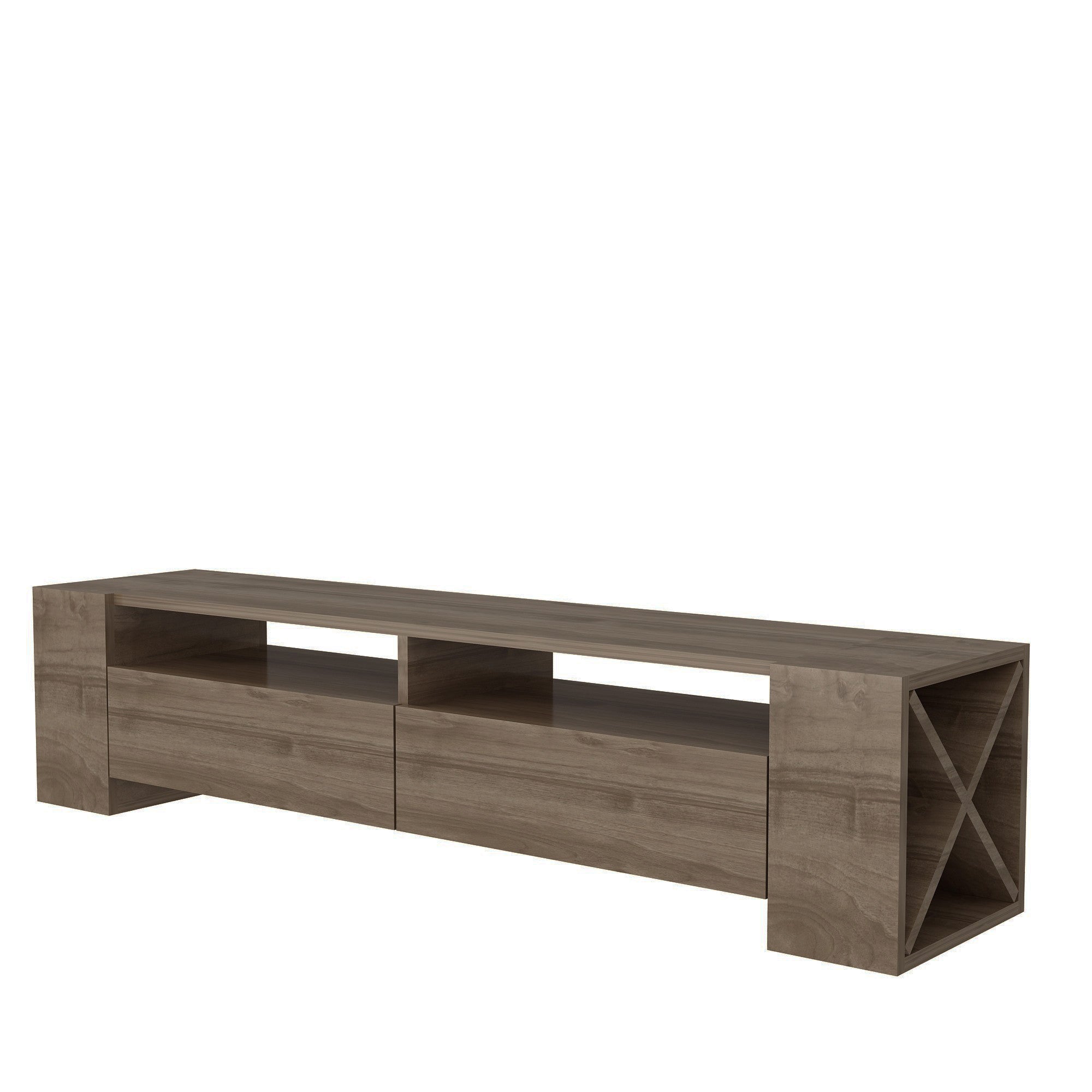 Suporte de TV moderno em nogueira, 155 cm de largura, 35 cm de altura | Painel de partículas 100% revestido em melamina, 18 mm de espessura | Várias prateleiras e espaço de armazenamento, design elegante