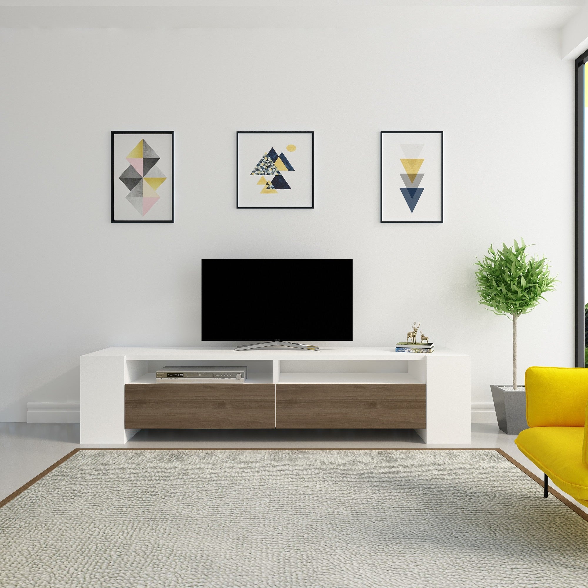 Suporte de TV moderno com armazenamento, nogueira e branco, 155 x 35 x 35 cm | Painel de partículas 100% revestido de melamina, 18 mm de espessura | Design elegante com várias prateleiras