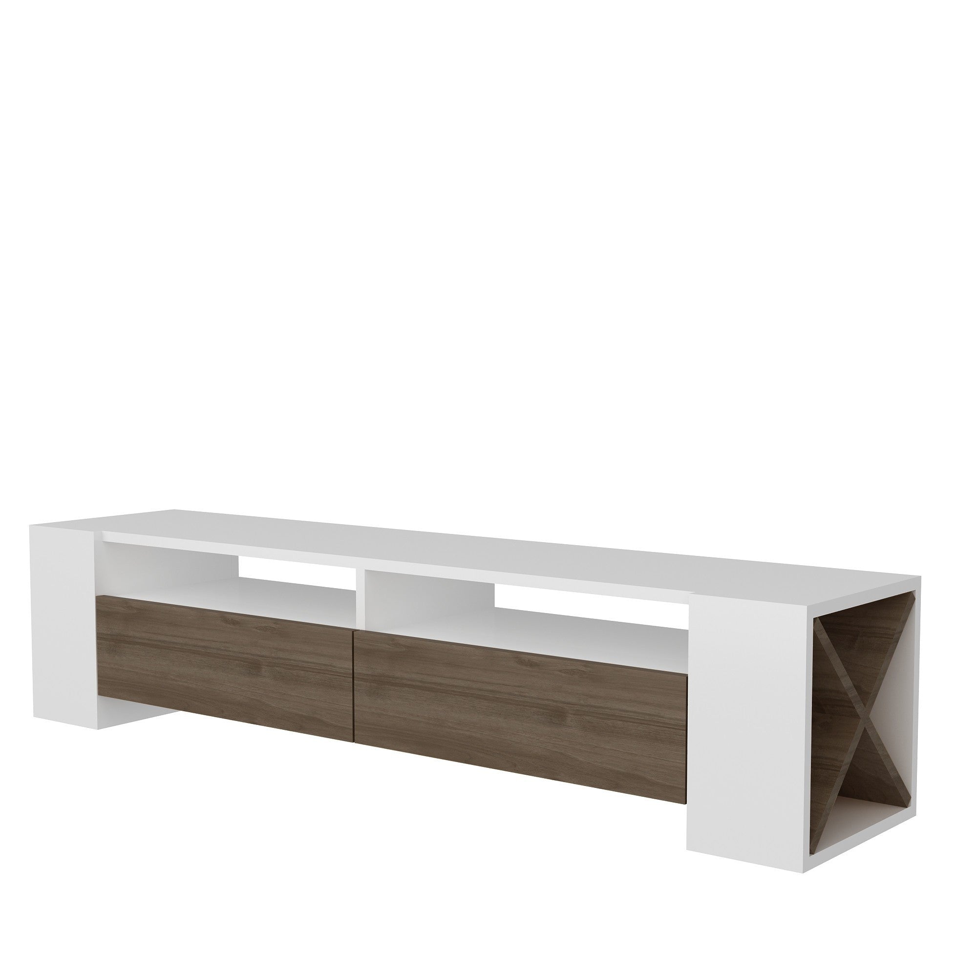 Suporte de TV moderno com armazenamento, nogueira e branco, 155 x 35 x 35 cm | Painel de partículas 100% revestido de melamina, 18 mm de espessura | Design elegante com várias prateleiras