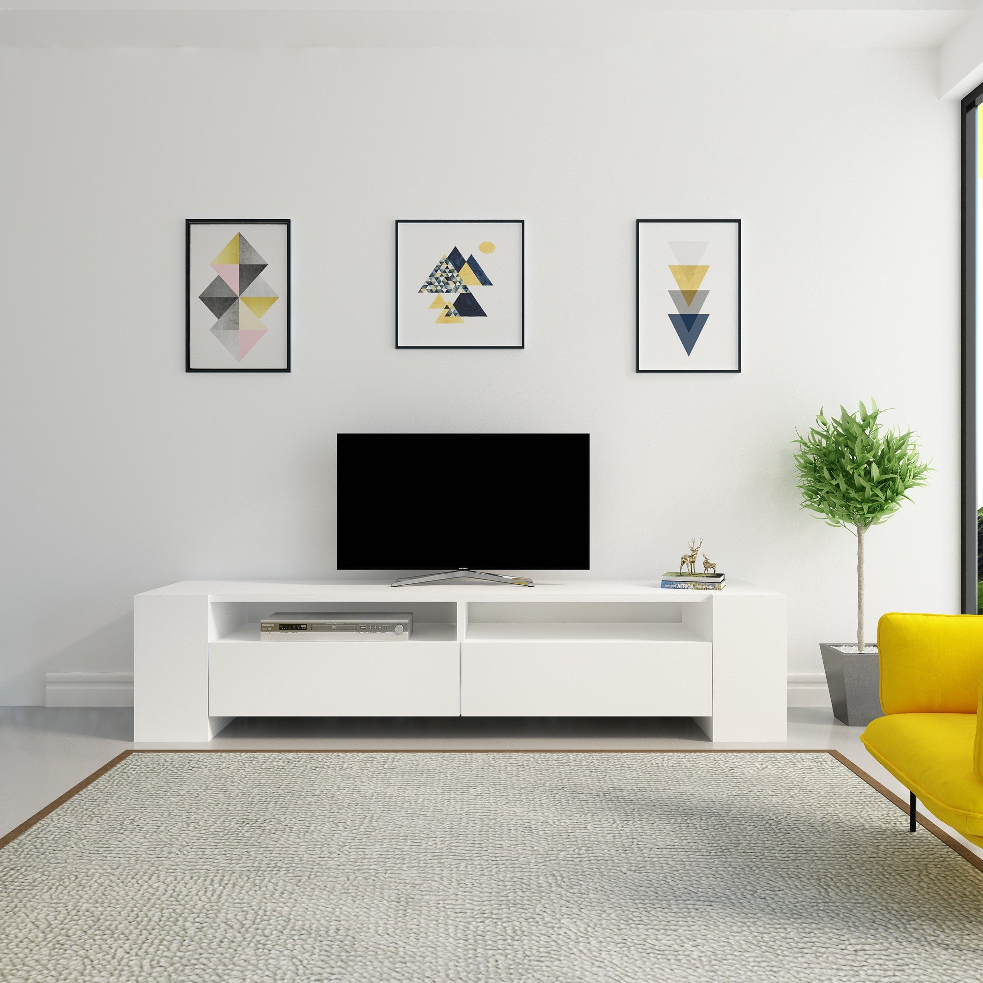 Suporte de TV moderno branco, 155 cm de largura, 35 cm de altura, 35 cm de profundidade | 100% revestido em melamina, 18 mm de espessura | Várias prateleiras e espaço de armazenamento, design elegante