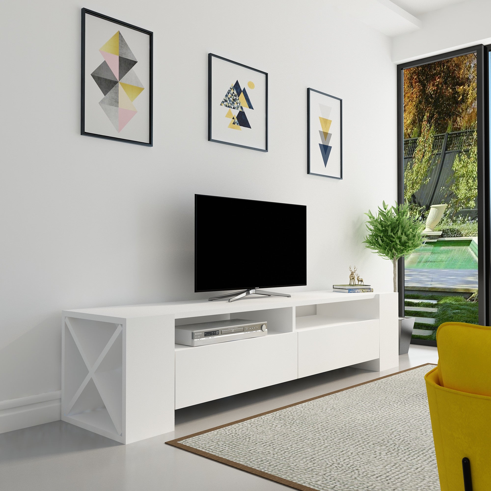 Suporte de TV moderno branco, 155 cm de largura, 35 cm de altura, 35 cm de profundidade | 100% revestido em melamina, 18 mm de espessura | Várias prateleiras e espaço de armazenamento, design elegante