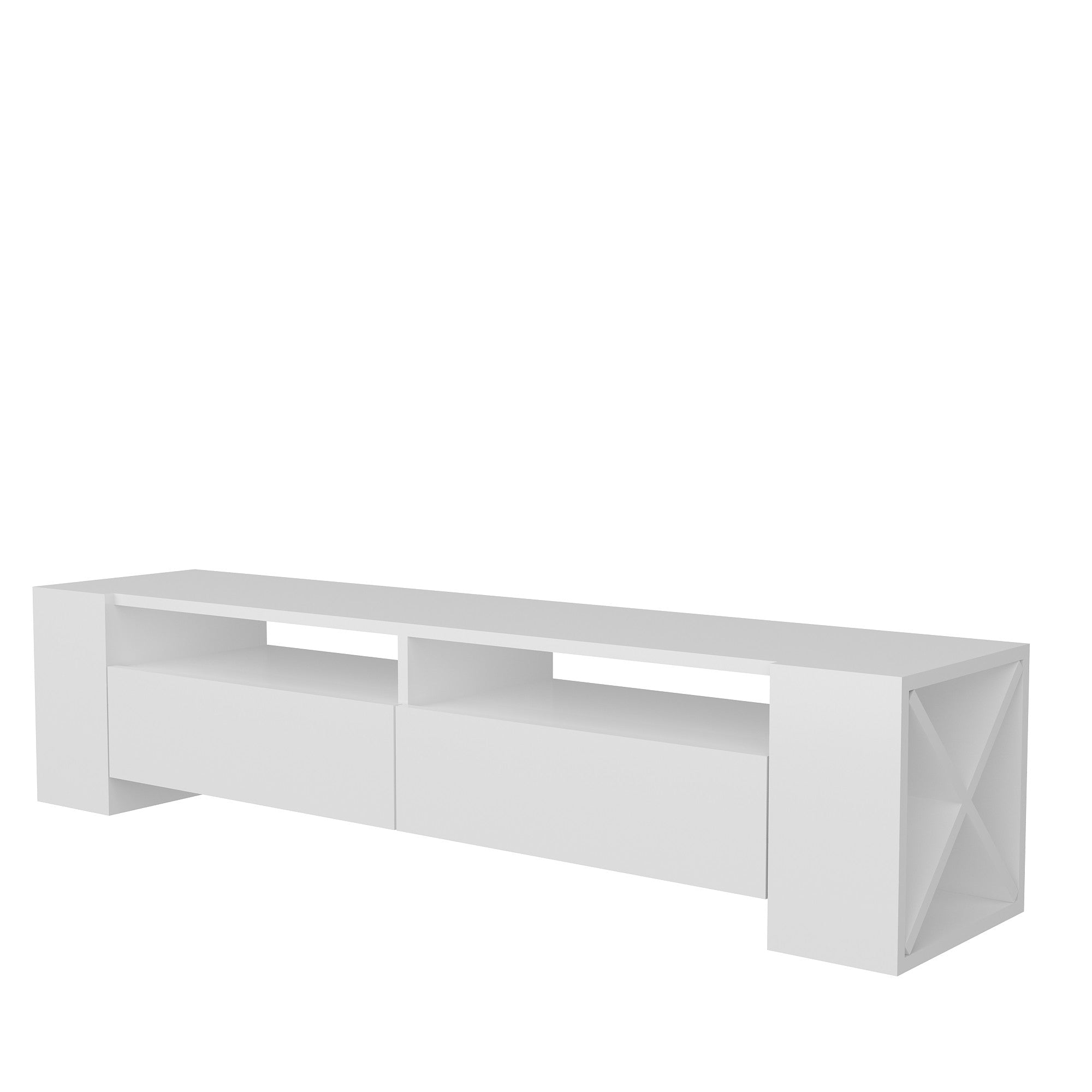 Suporte de TV moderno branco, 155 cm de largura, 35 cm de altura, 35 cm de profundidade | 100% revestido em melamina, 18 mm de espessura | Várias prateleiras e espaço de armazenamento, design elegante