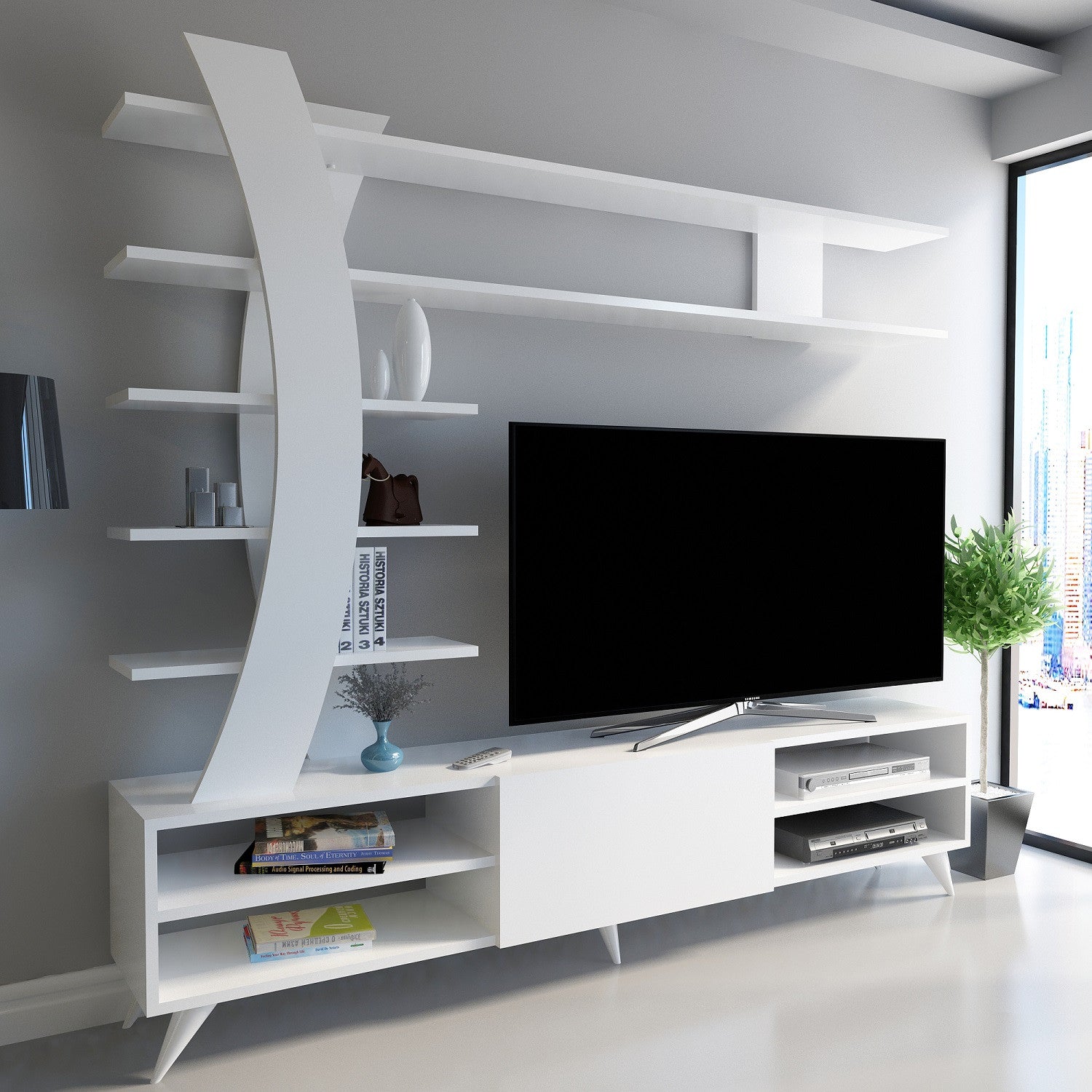 Móvel de TV moderno branco, 180 cm x 162 cm x 29,5 cm | Painel de partículas 100% revestido em melamina, 18 mm de espessura | Montável na parede, várias prateleiras, solução de armazenamento elegante