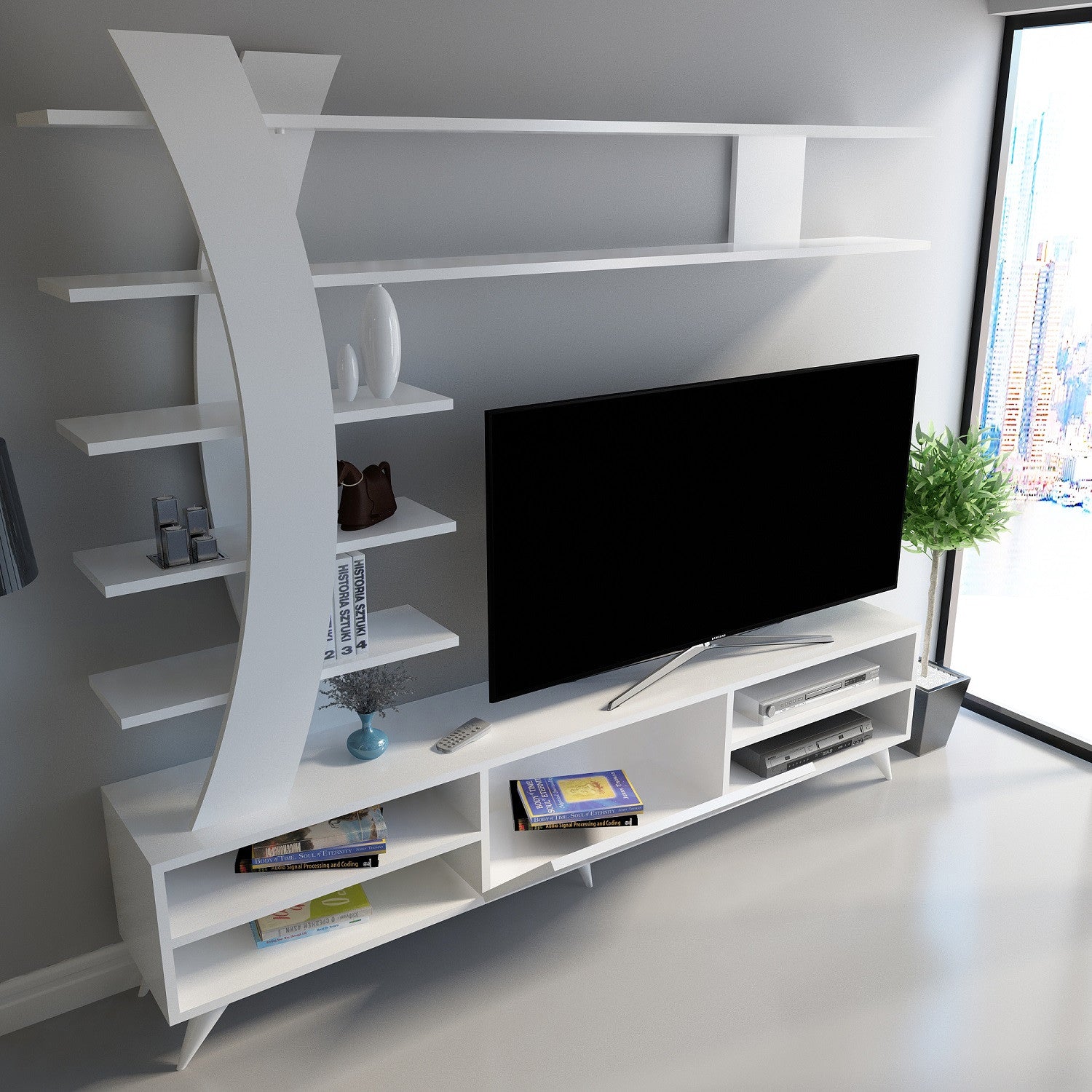 Móvel de TV moderno branco, 180 cm x 162 cm x 29,5 cm | Painel de partículas 100% revestido em melamina, 18 mm de espessura | Montável na parede, várias prateleiras, solução de armazenamento elegante