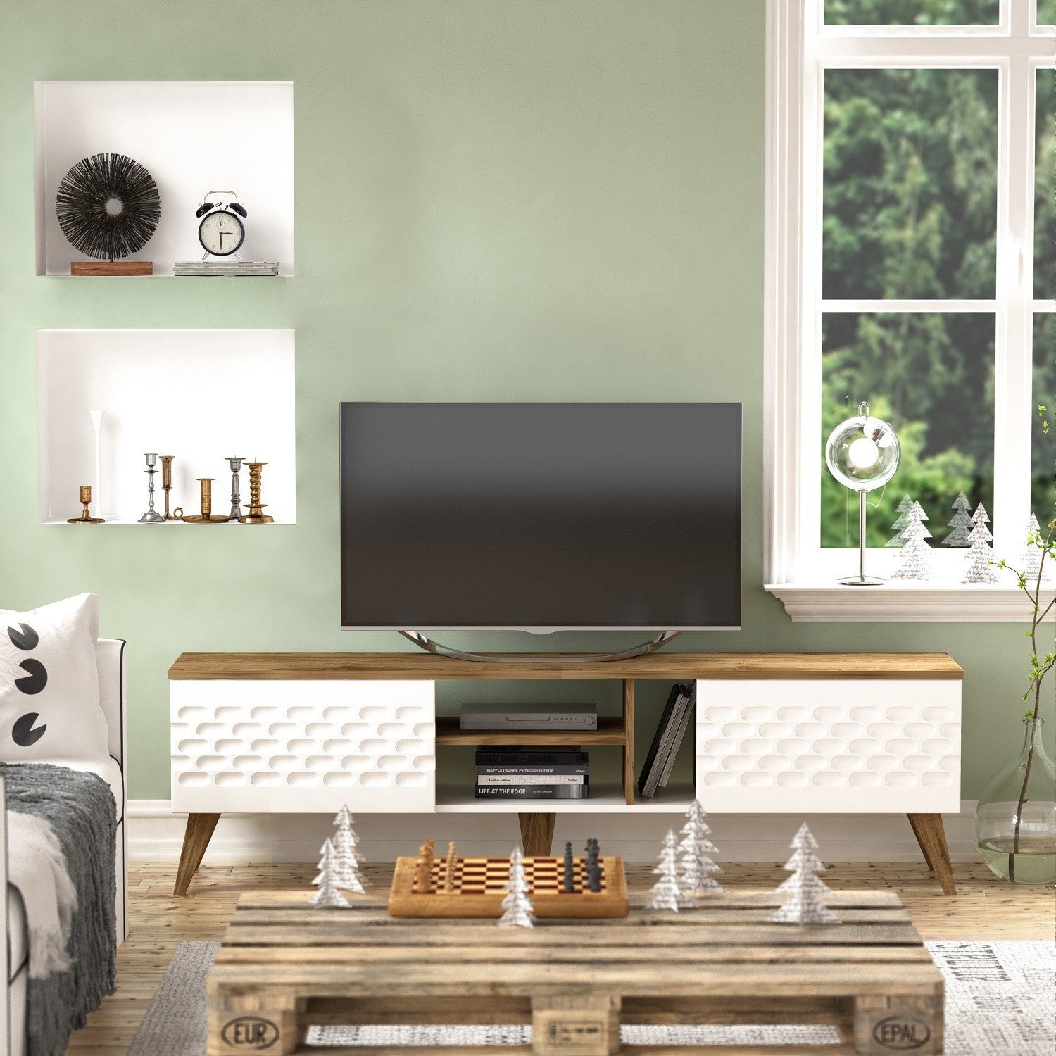 Suporte de TV moderno com opção de montagem na parede, branco e nogueira, 180 cm x 53 cm x 35 cm | 100% revestido em melamina, 18 mm de espessura | Solução de armazenamento elegante para salas de estar