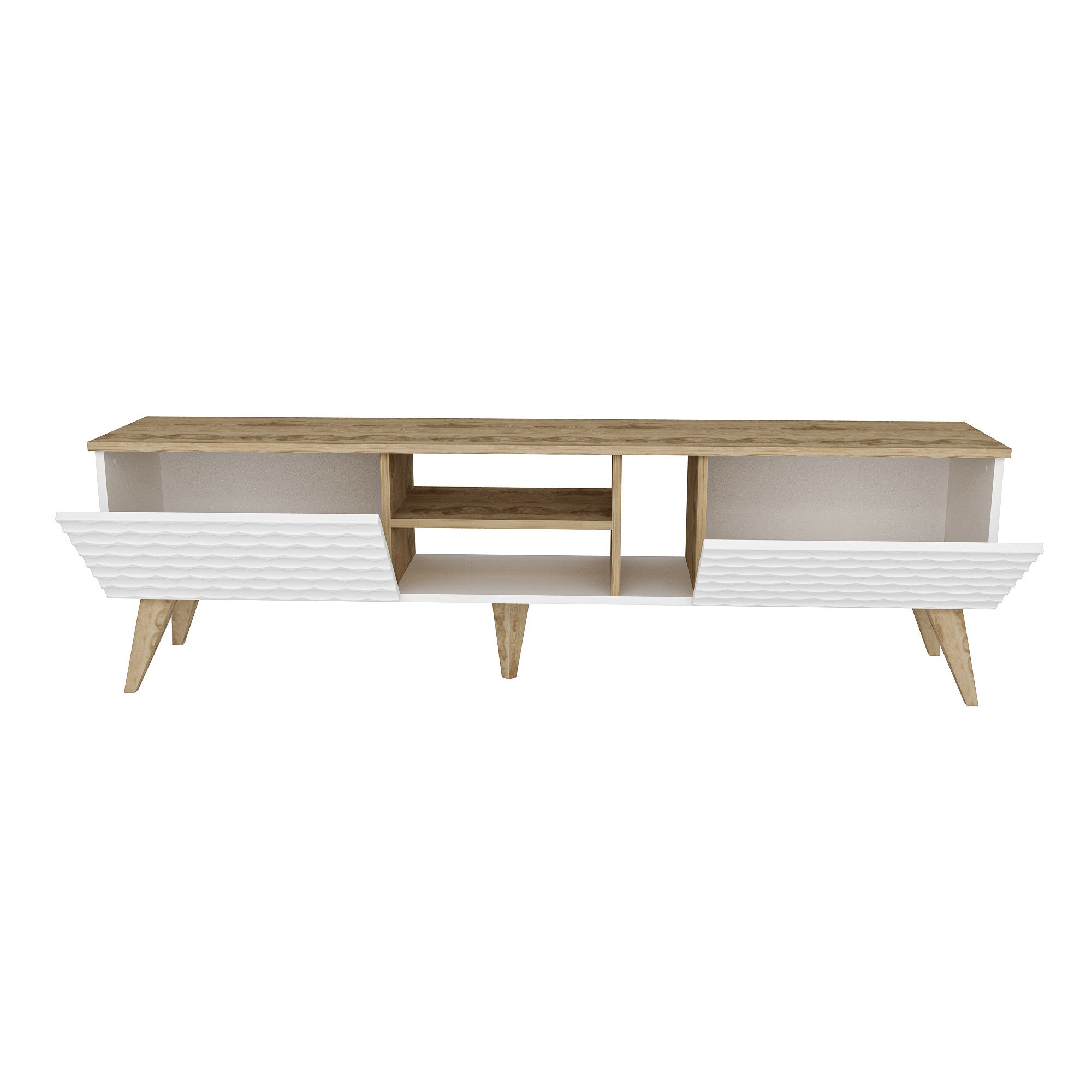 Suporte de TV moderno com opção de montagem na parede, branco e nogueira, 180 cm x 53 cm x 35 cm | 100% revestido em melamina, 18 mm de espessura | Solução de armazenamento elegante para salas de estar