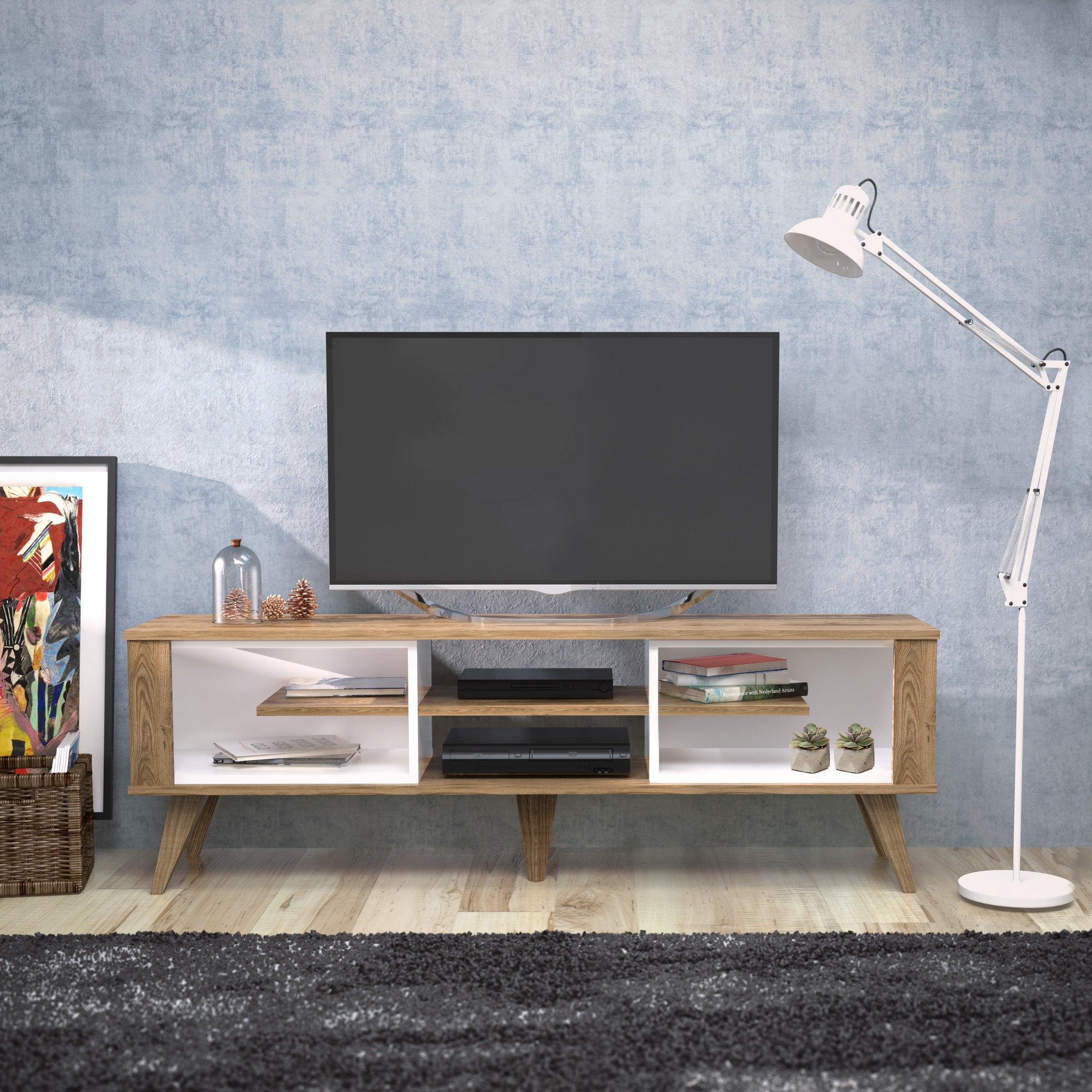 Suporte de TV moderno com opção de montagem na parede, carvalho e branco, 160 cm x 52,5 cm x 35 cm | 100% revestido em melamina, 18 mm de espessura | Solução de armazenamento elegante para salas de estar