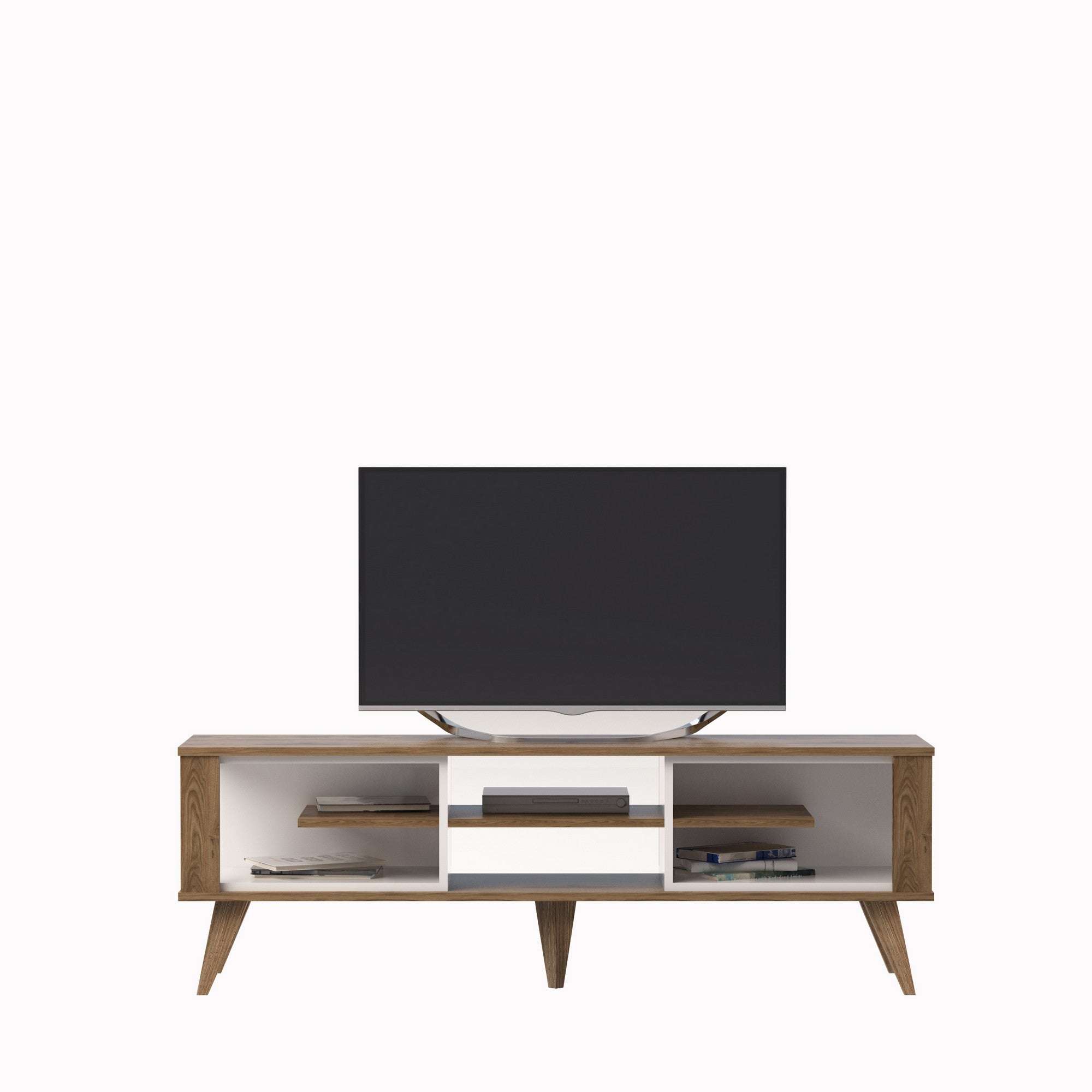 Suporte de TV moderno com opção de montagem na parede, carvalho e branco, 160 cm x 52,5 cm x 35 cm | 100% revestido em melamina, 18 mm de espessura | Solução de armazenamento elegante para salas de estar