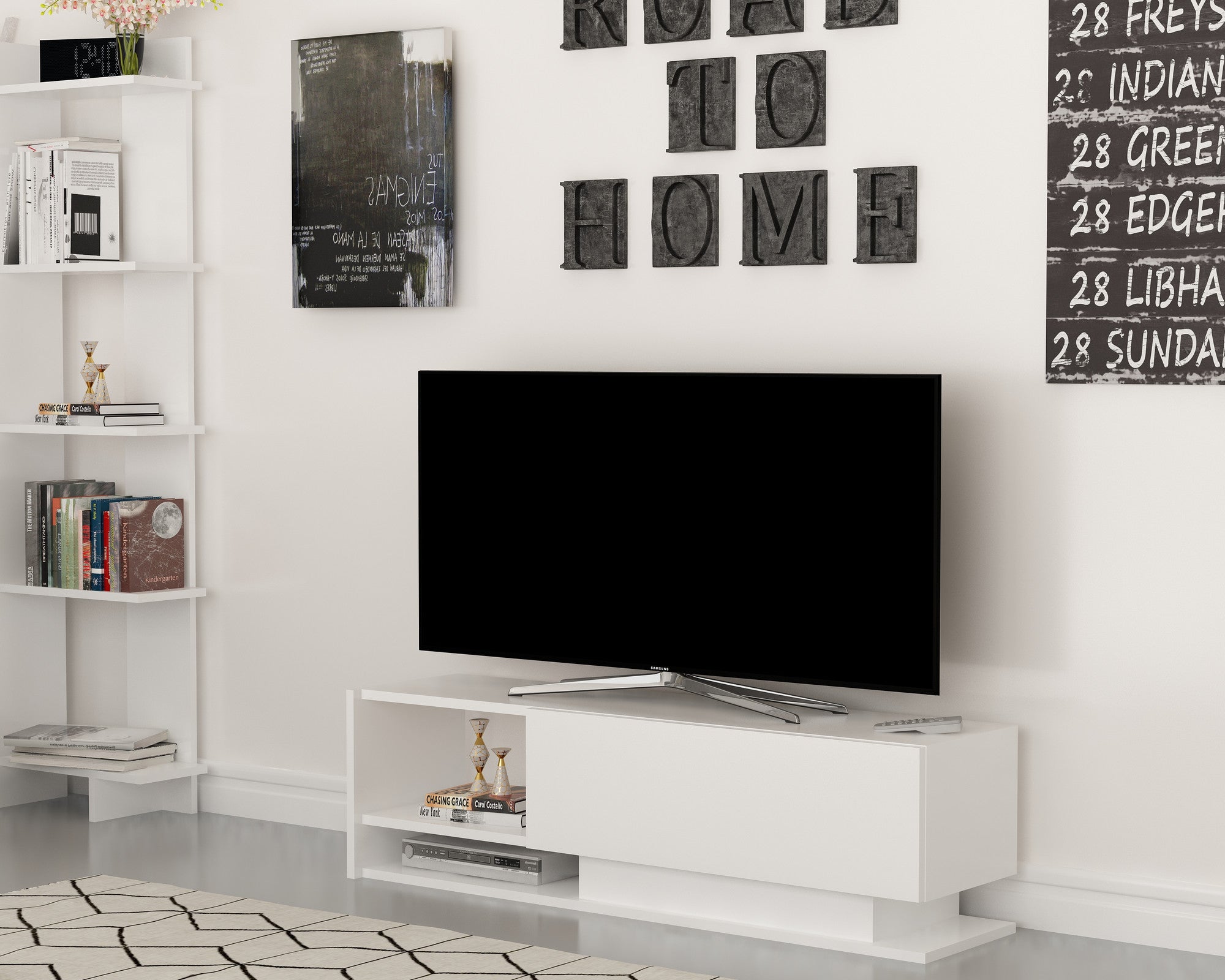 Suporte de TV moderno branco, 120 cm | Painel de partículas 100% revestido em melamina, 18 mm de espessura | Montável na parede, várias prateleiras, design elegante e funcional