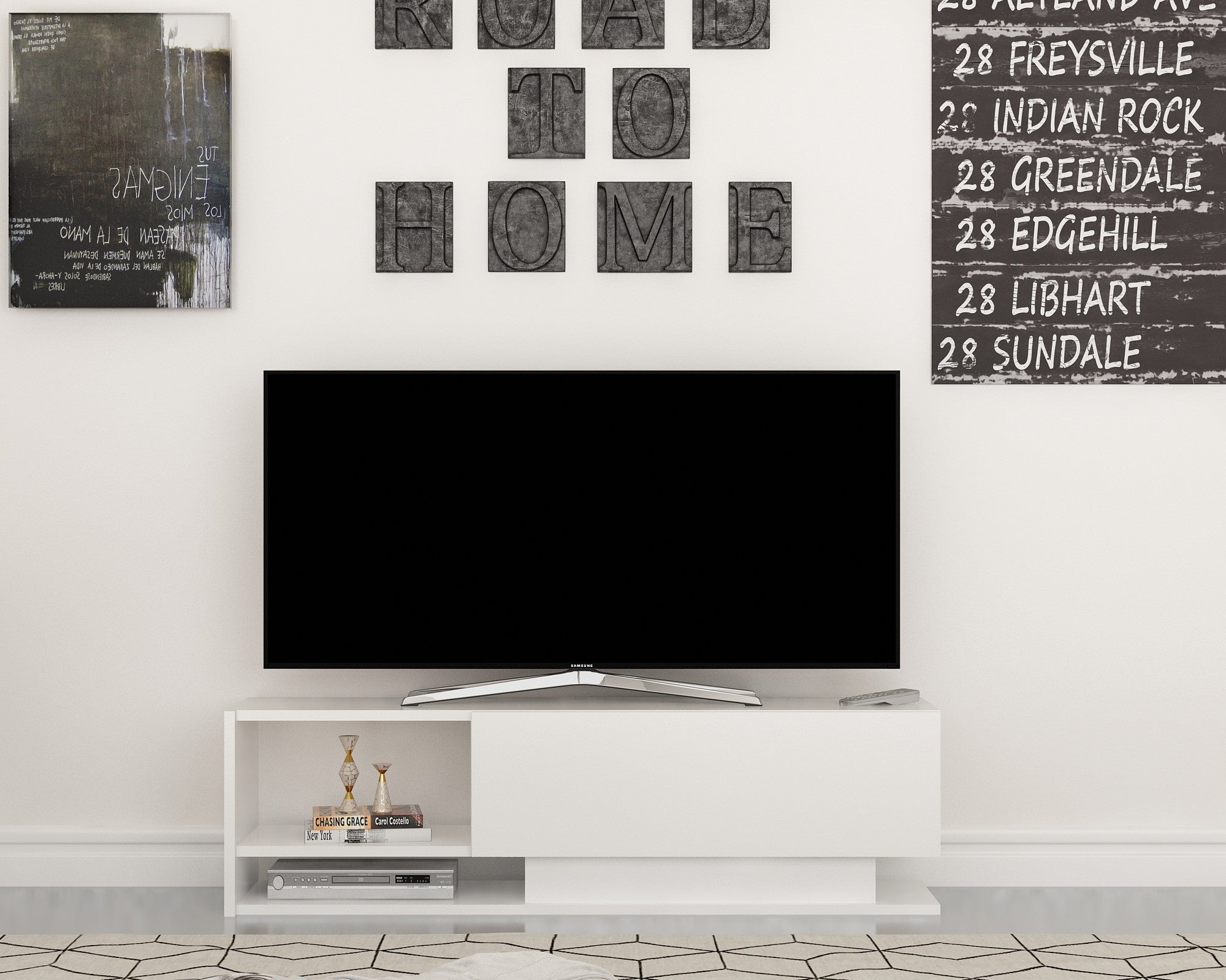Suporte de TV moderno branco, 120 cm | Painel de partículas 100% revestido em melamina, 18 mm de espessura | Montável na parede, várias prateleiras, design elegante e funcional