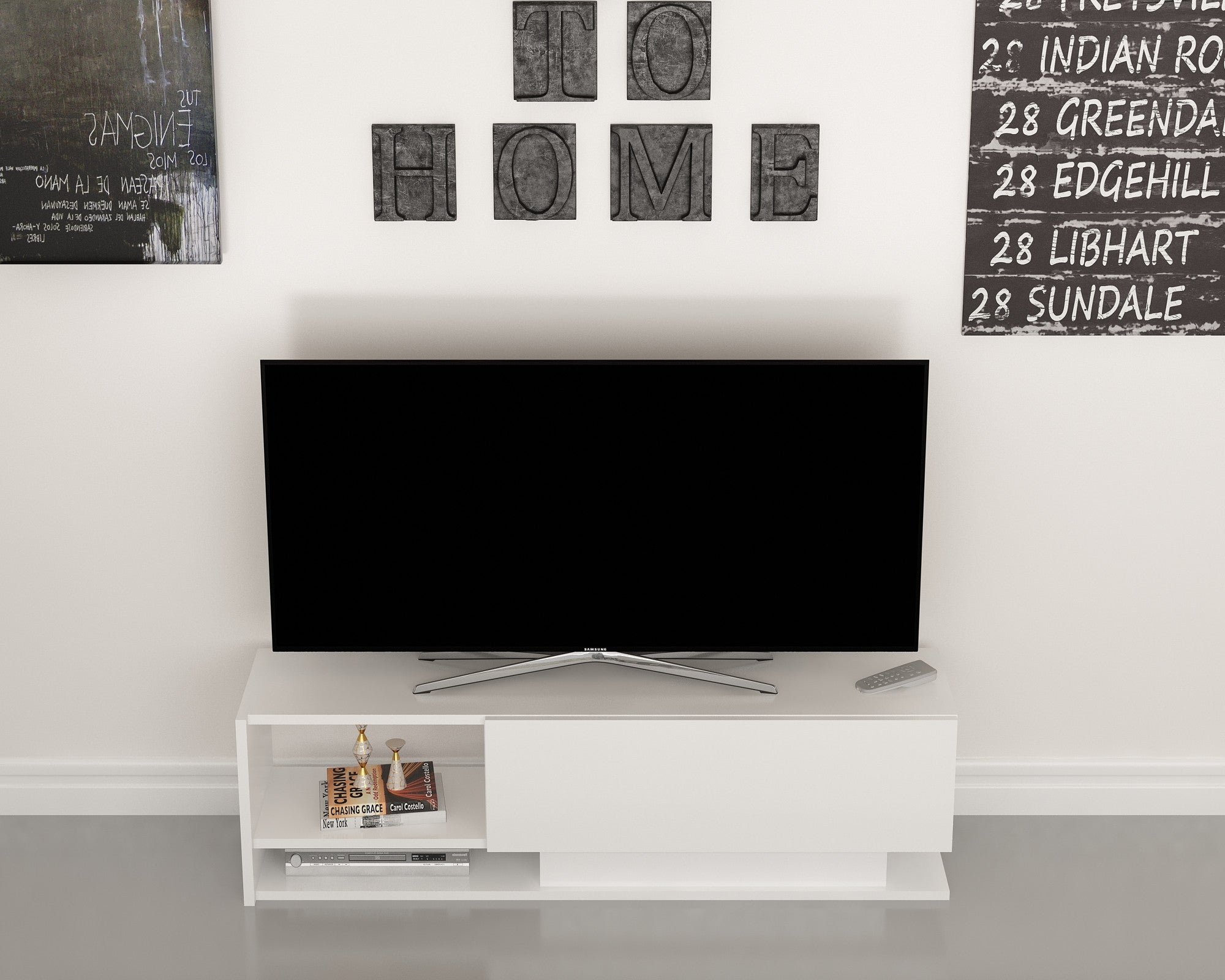 Suporte de TV moderno branco, 120 cm | Painel de partículas 100% revestido em melamina, 18 mm de espessura | Montável na parede, várias prateleiras, design elegante e funcional