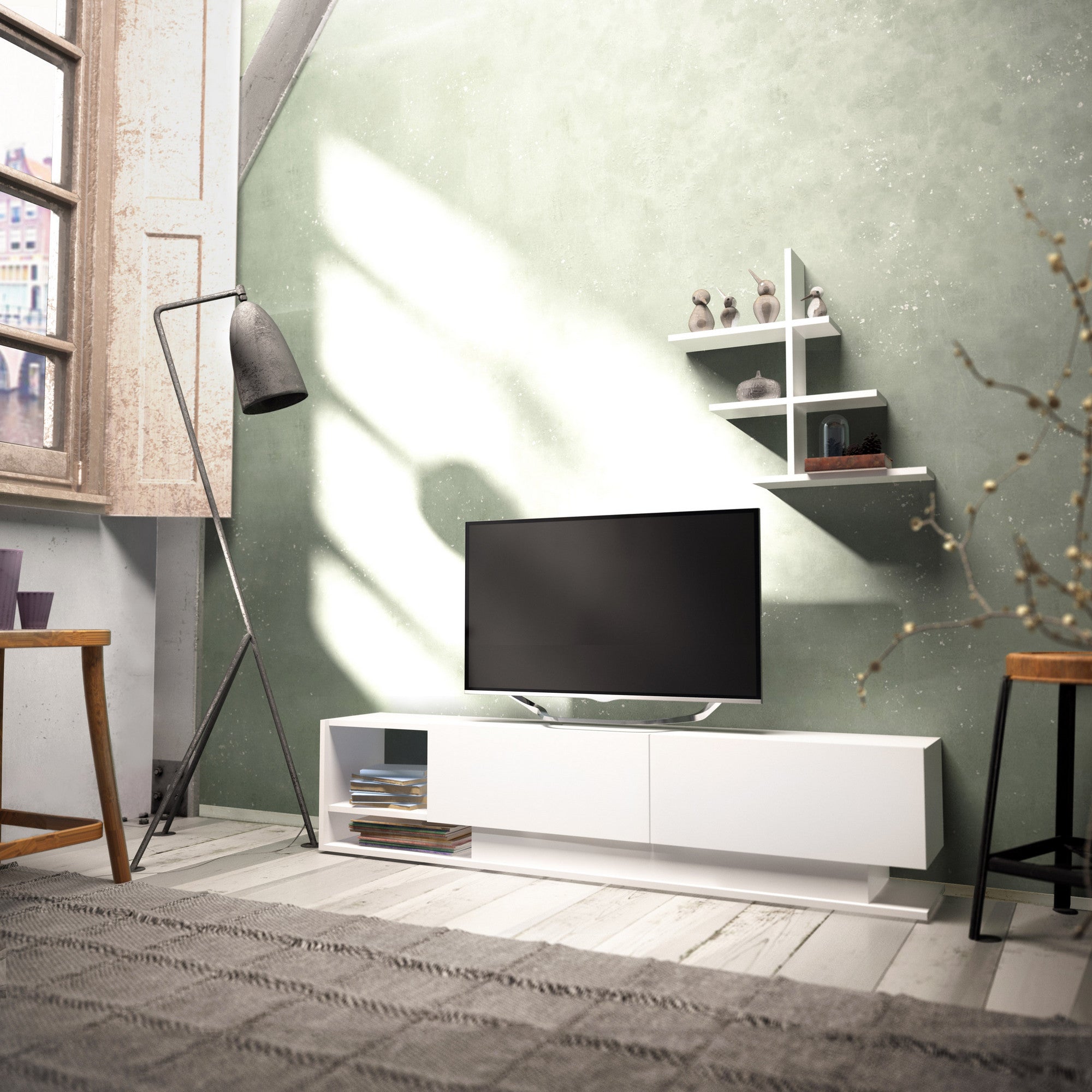Móvel de TV moderno branco com prateleira de parede, 180 cm x 40 cm x 30 cm | Painel de partículas 100% revestido de melamina, 18 mm de espessura | Solução de armazenamento elegante para qualquer sala de estar