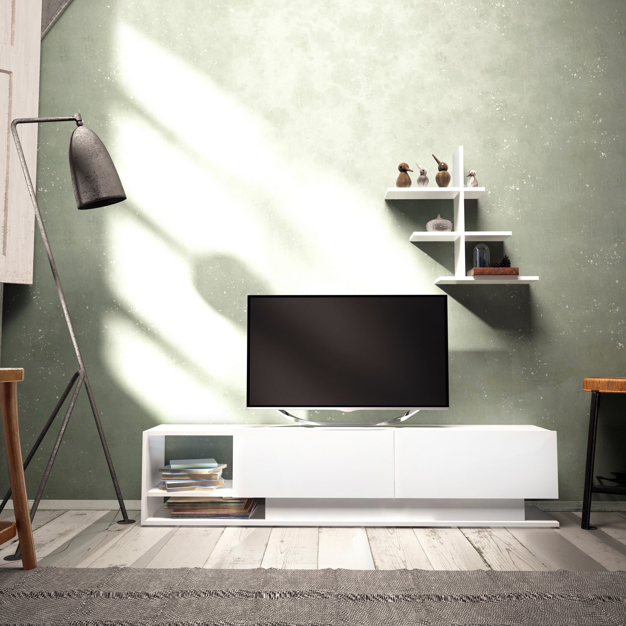 Móvel de TV moderno branco com prateleira de parede, 180 cm x 40 cm x 30 cm | Painel de partículas 100% revestido de melamina, 18 mm de espessura | Solução de armazenamento elegante para qualquer sala de estar