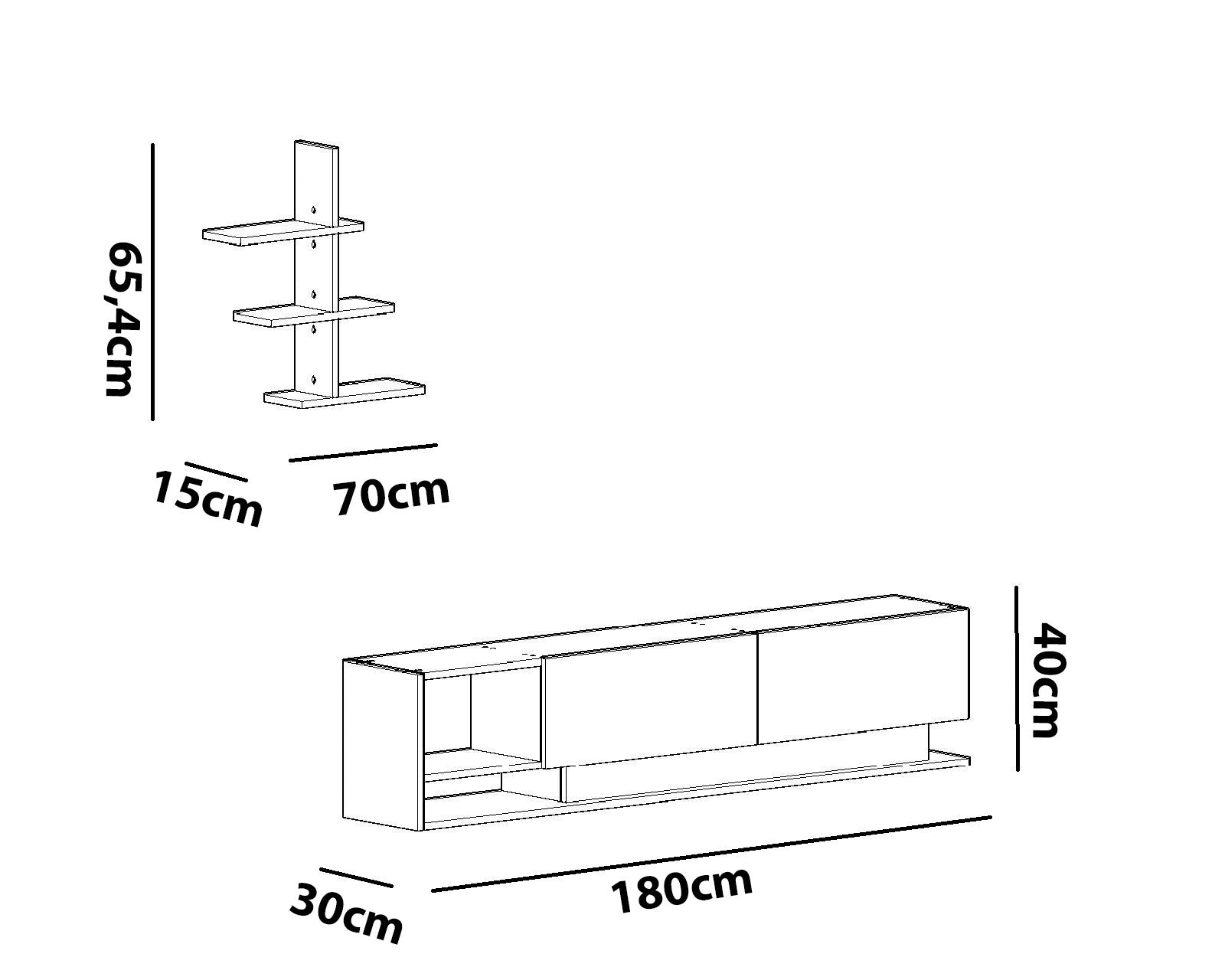 Móvel de TV moderno branco com prateleira de parede, 180 cm x 40 cm x 30 cm | Painel de partículas 100% revestido de melamina, 18 mm de espessura | Solução de armazenamento elegante para qualquer sala de estar