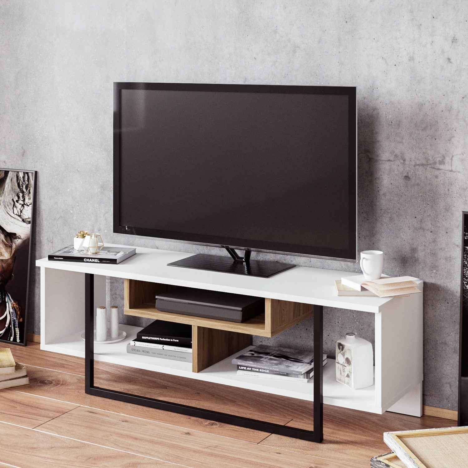 Suporte de TV moderno com opção de montagem na parede, 119,4 cm, branco/preto/carvalho, 100% revestido em melamina, 18 mm de espessura, várias prateleiras e armazenamento extra, design elegante