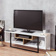 Suporte de TV moderno com opção de montagem na parede, 119,4 cm, branco/preto/carvalho, 100% revestido em melamina, 18 mm de espessura, várias prateleiras e armazenamento extra, design elegante