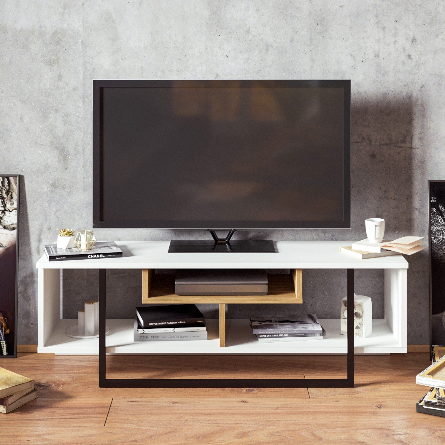 Suporte de TV moderno com opção de montagem na parede, 119,4 cm, branco/preto/carvalho, 100% revestido em melamina, 18 mm de espessura, várias prateleiras e armazenamento extra, design elegante
