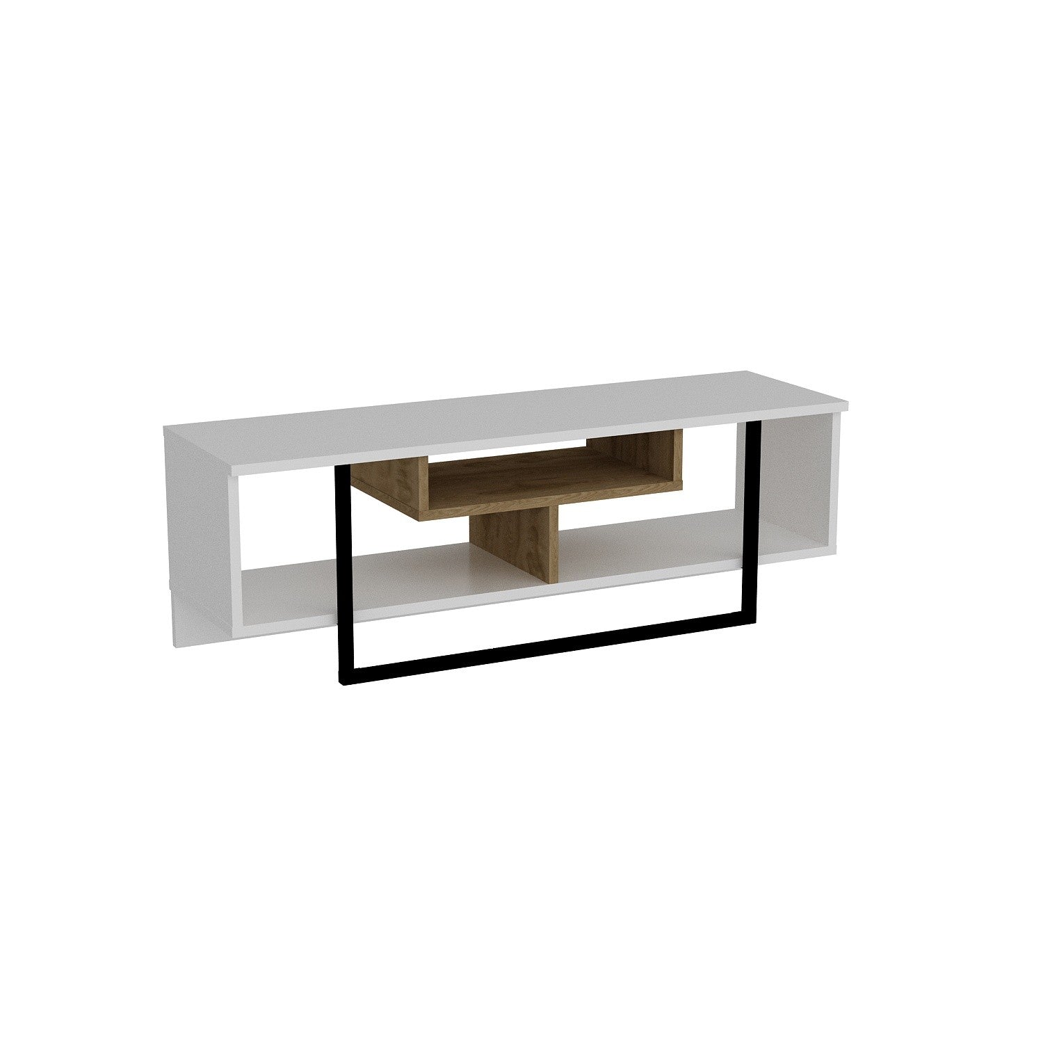 Suporte de TV moderno com opção de montagem na parede, 119,4 cm, branco/preto/carvalho, 100% revestido em melamina, 18 mm de espessura, várias prateleiras e armazenamento extra, design elegante