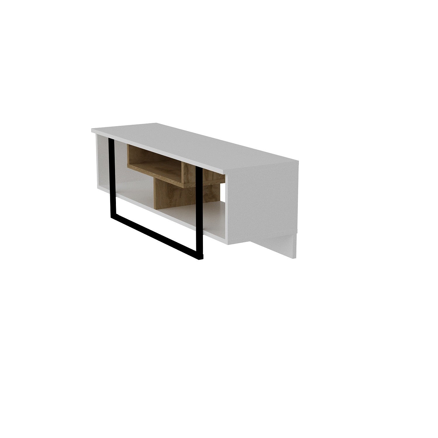 Suporte de TV moderno com opção de montagem na parede, 119,4 cm, branco/preto/carvalho, 100% revestido em melamina, 18 mm de espessura, várias prateleiras e armazenamento extra, design elegante