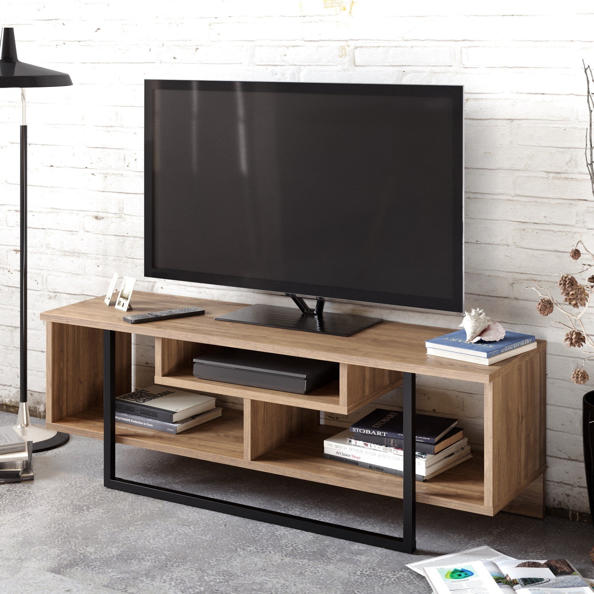 Suporte de TV moderno com opção de montagem na parede, nogueira e preto, 119,4 x 40,2 x 35,2 cm | 100% revestido em melamina, 18 mm de espessura | Solução de armazenamento elegante para qualquer espaço