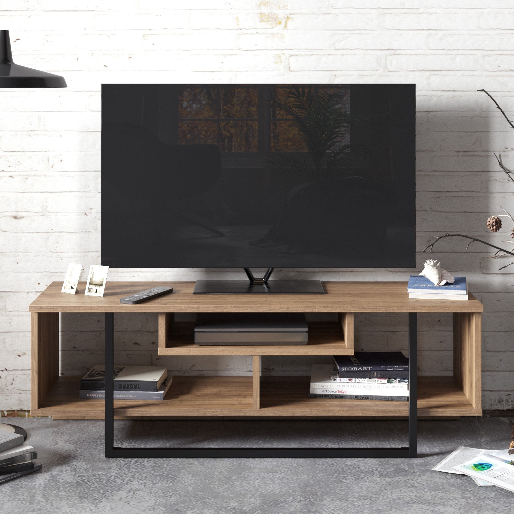 Suporte de TV moderno com opção de montagem na parede, nogueira e preto, 119,4 x 40,2 x 35,2 cm | 100% revestido em melamina, 18 mm de espessura | Solução de armazenamento elegante para qualquer espaço