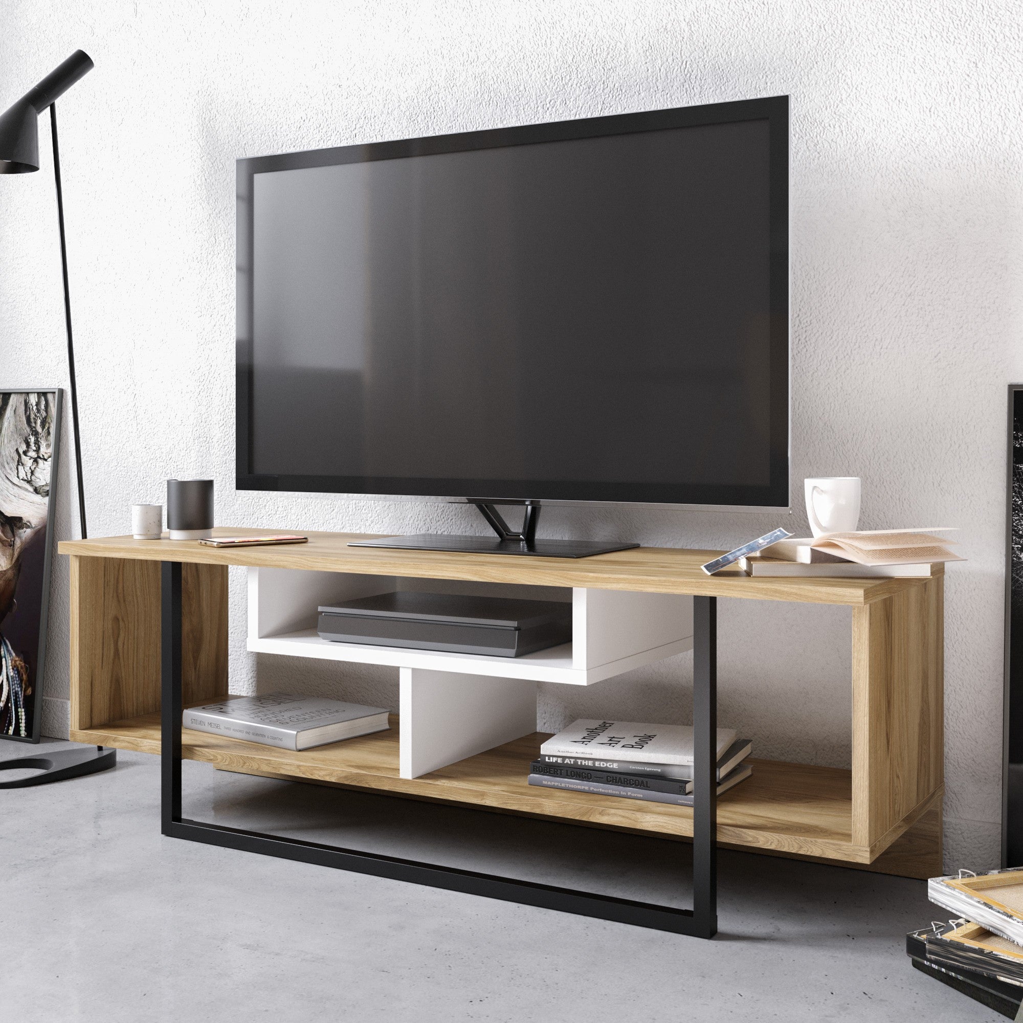 Suporte de TV moderno com opção de montagem na parede, 119,4 cm, branco/preto/carvalho | 100% revestido em melamina, 18 mm de espessura | Design elegante com várias prateleiras e espaço de armazenamento