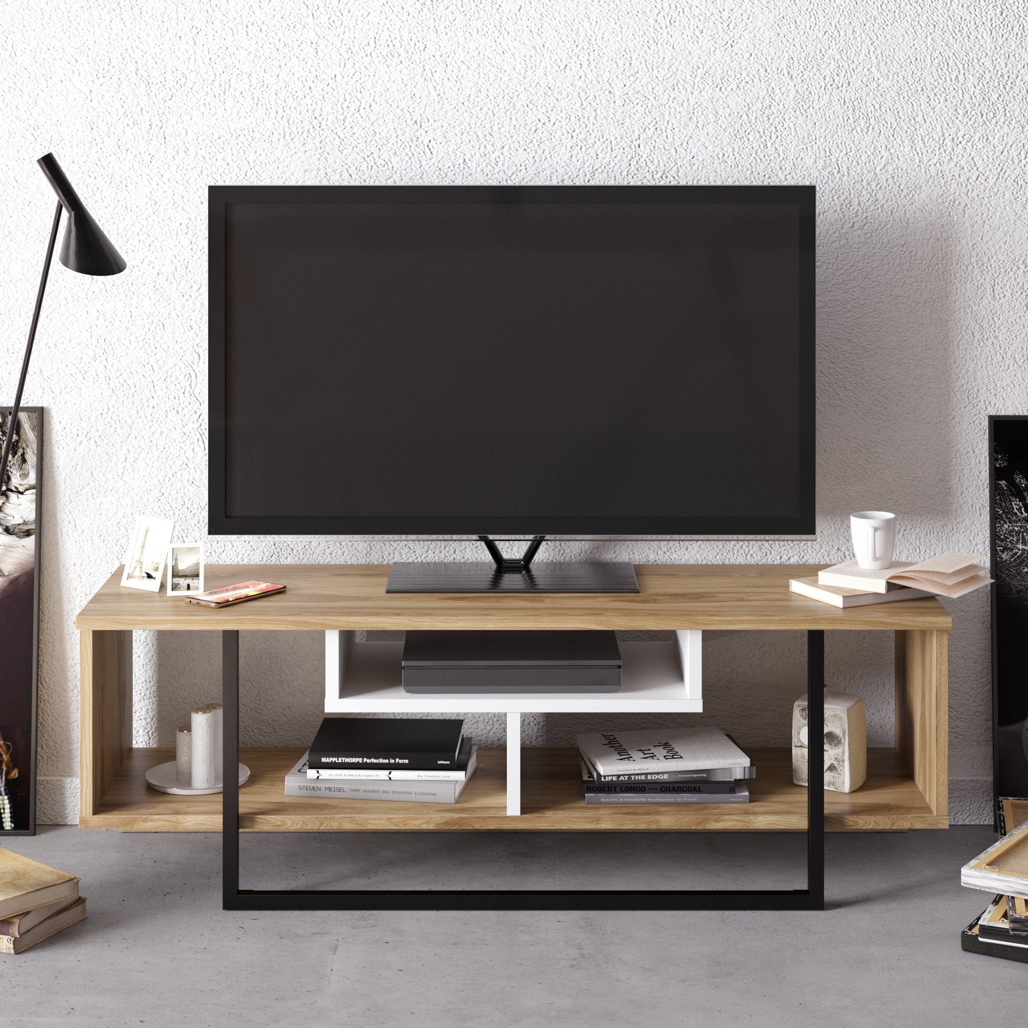 Suporte de TV moderno com opção de montagem na parede, 119,4 cm, branco/preto/carvalho | 100% revestido em melamina, 18 mm de espessura | Design elegante com várias prateleiras e espaço de armazenamento