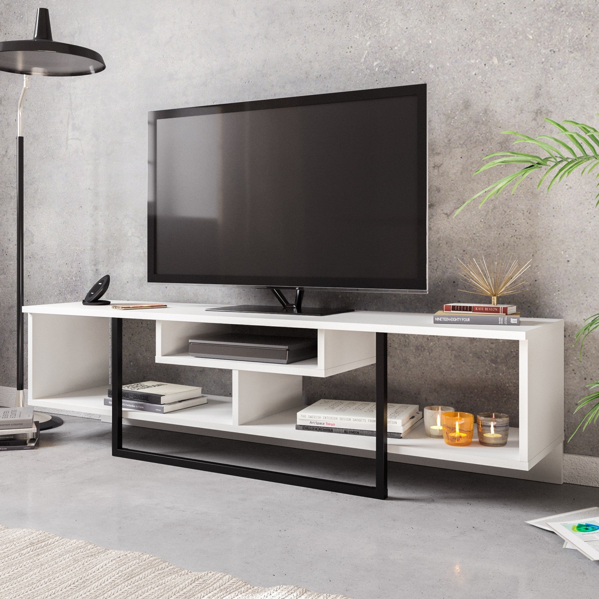 Suporte de TV moderno com opção de montagem na parede, branco e preto, 149,4 x 40,2 x 35,2 cm | 100% revestido em melamina, 18 mm de espessura | Solução de armazenamento elegante para qualquer cômodo