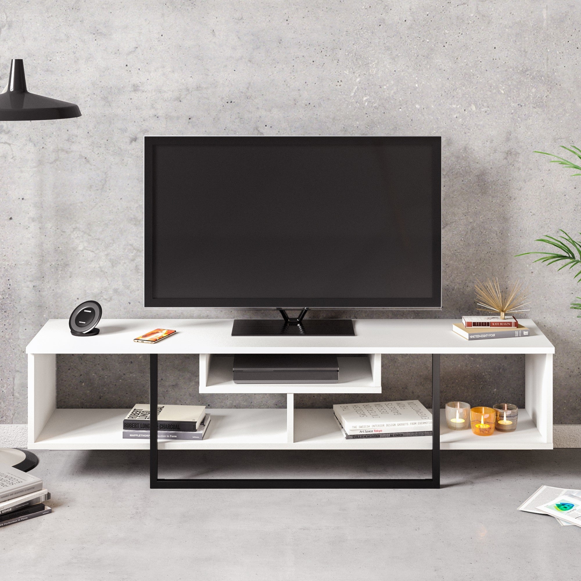 Suporte de TV moderno com opção de montagem na parede, branco e preto, 149,4 x 40,2 x 35,2 cm | 100% revestido em melamina, 18 mm de espessura | Solução de armazenamento elegante para qualquer cômodo