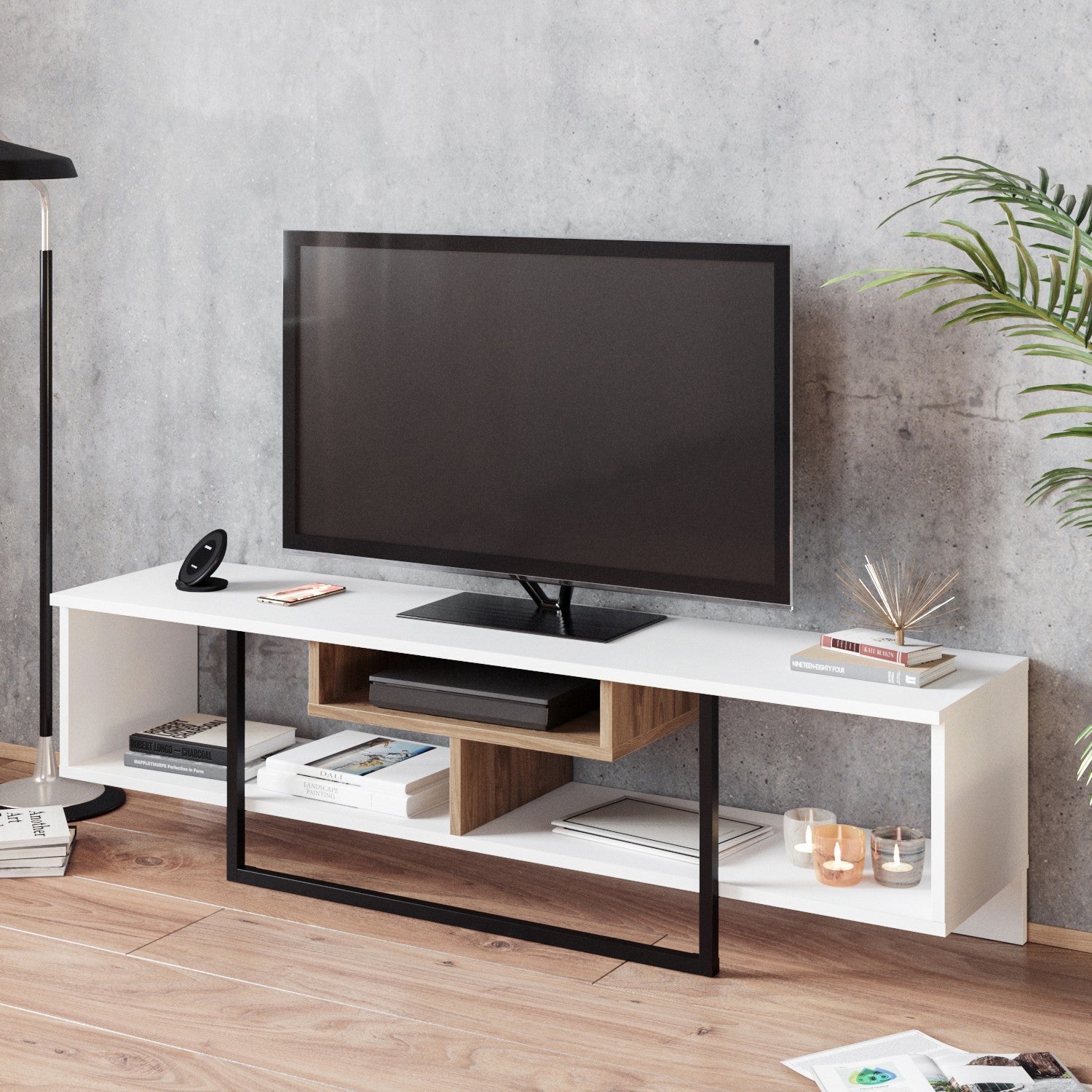 Suporte de TV moderno com opção de montagem na parede, 149,4 cm, branco/preto/carvalho | 100% revestido em melamina, 18 mm de espessura | Várias prateleiras e armazenamento extra, design elegante