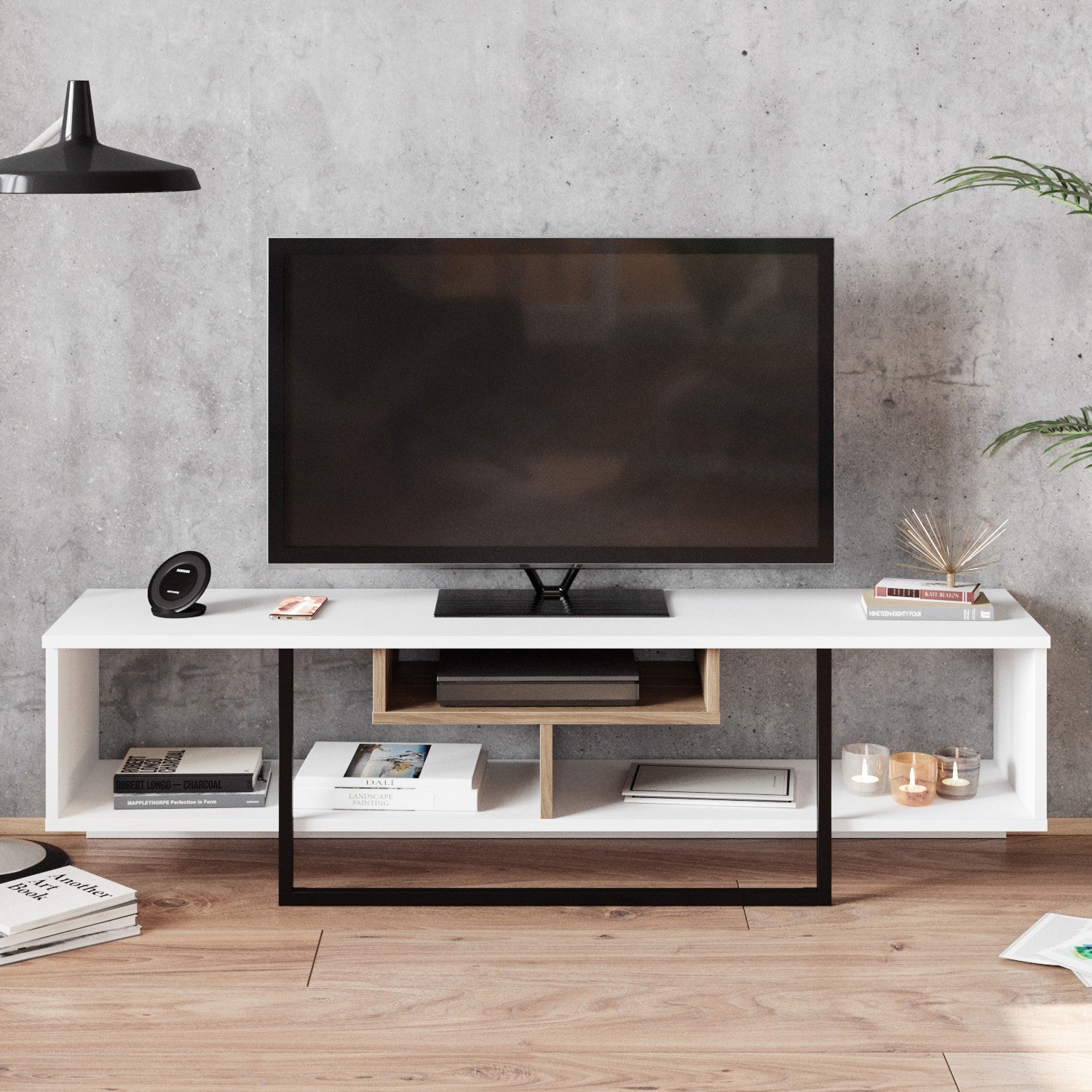 Suporte de TV moderno com opção de montagem na parede, 149,4 cm, branco/preto/carvalho | 100% revestido em melamina, 18 mm de espessura | Várias prateleiras e armazenamento extra, design elegante