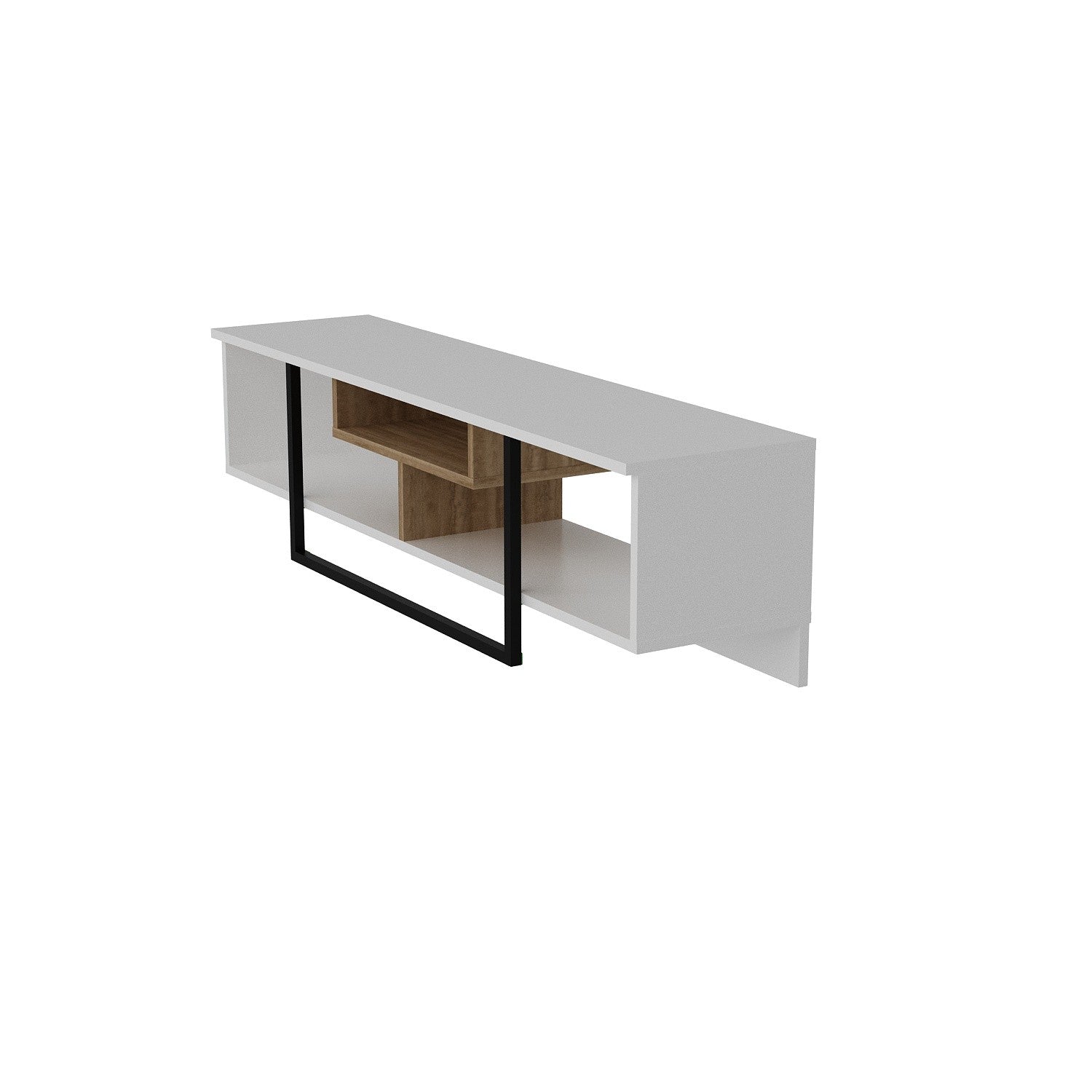 Suporte de TV moderno com opção de montagem na parede, 149,4 cm, branco/preto/carvalho | 100% revestido em melamina, 18 mm de espessura | Várias prateleiras e armazenamento extra, design elegante