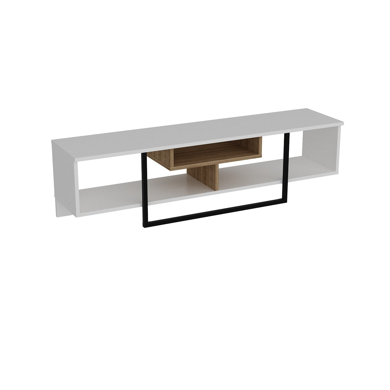 Suporte de TV moderno com opção de montagem na parede, 149,4 cm, branco/preto/carvalho | 100% revestido em melamina, 18 mm de espessura | Várias prateleiras e armazenamento extra, design elegante