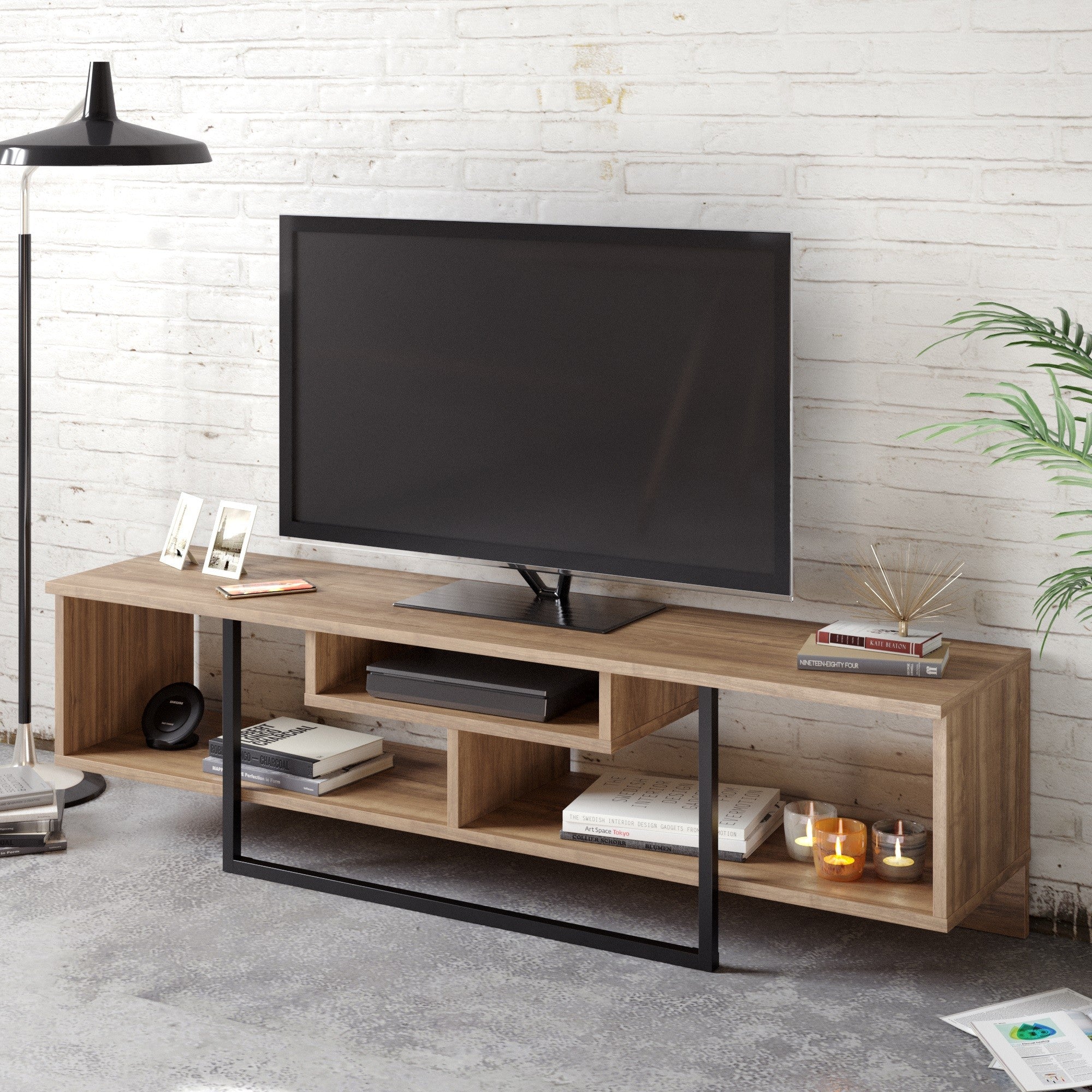Suporte de TV moderno com opção de montagem na parede, nogueira e preto, 149,4 x 40,2 x 35,2 cm | 100% revestido em melamina, 18 mm de espessura | Solução de armazenamento elegante para qualquer cômodo