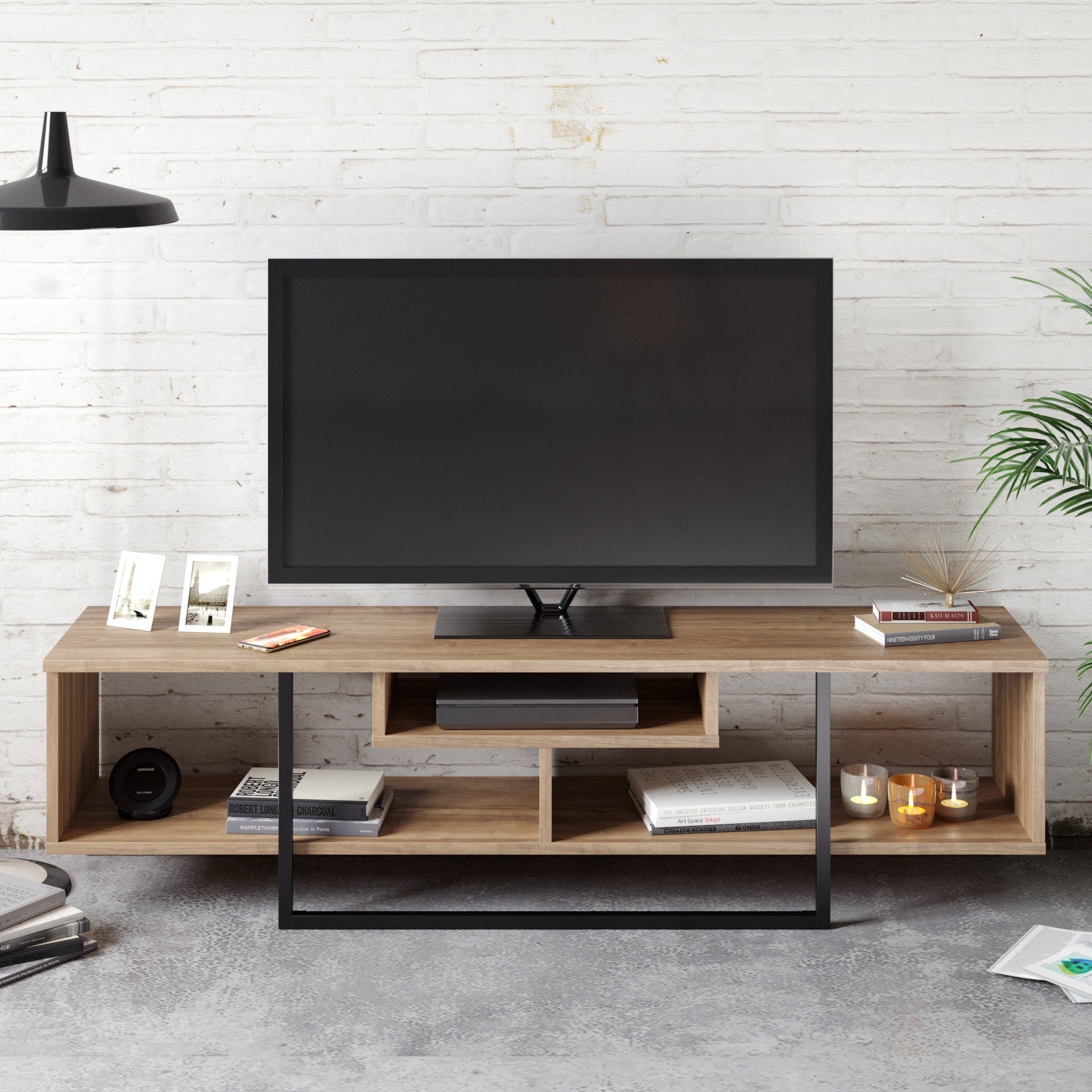 Suporte de TV moderno com opção de montagem na parede, nogueira e preto, 149,4 x 40,2 x 35,2 cm | 100% revestido em melamina, 18 mm de espessura | Solução de armazenamento elegante para qualquer cômodo