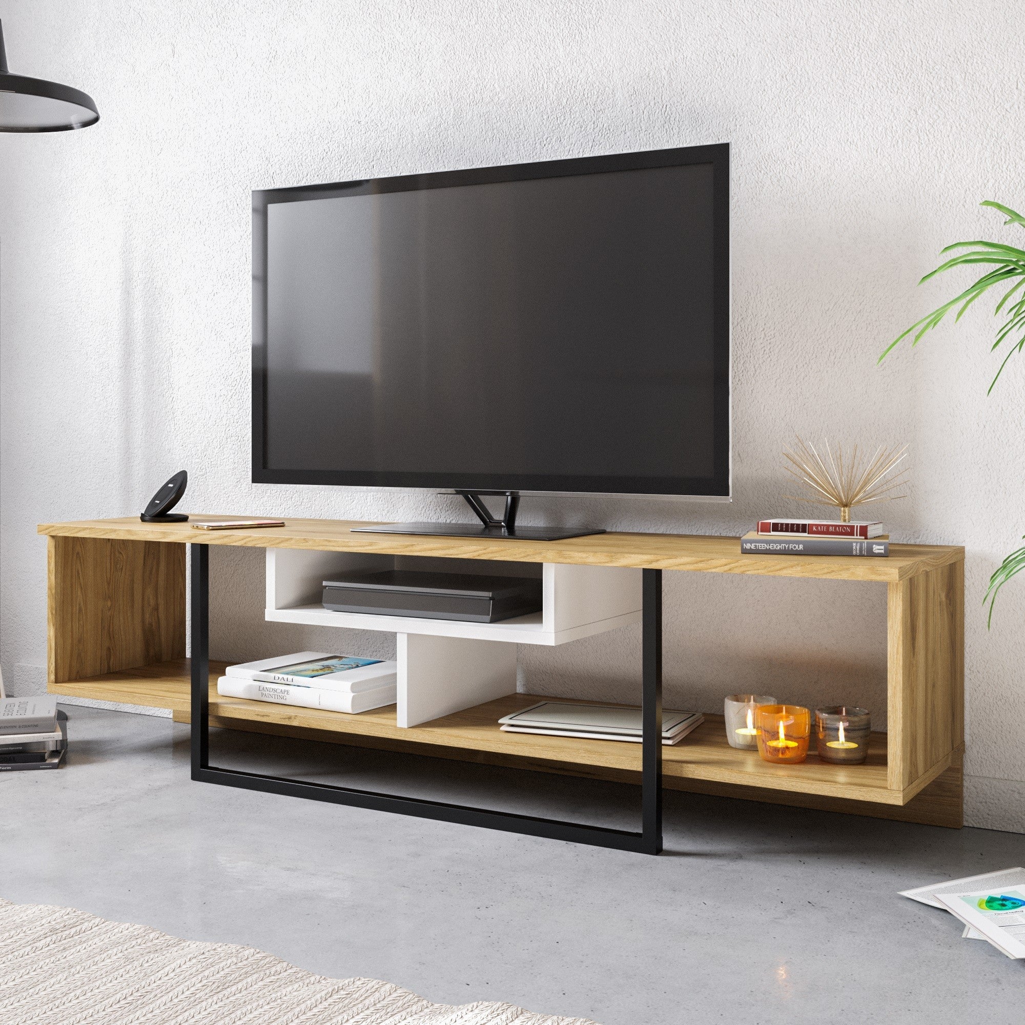 Suporte de TV moderno com opção de montagem na parede, 149,4 cm, branco/preto/carvalho | 100% revestido em melamina, 18 mm de espessura | Solução de armazenamento elegante para qualquer sala de estar