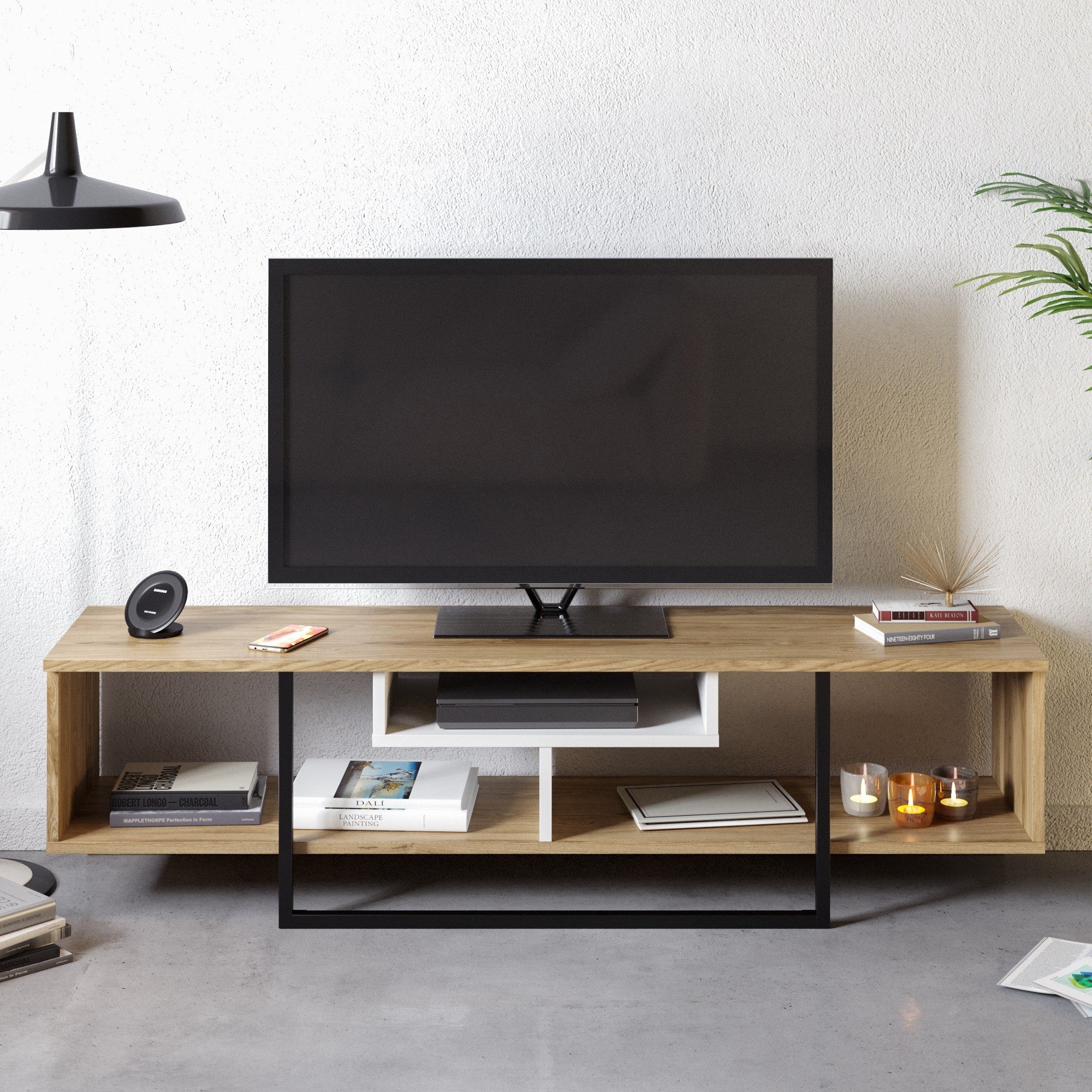 Suporte de TV moderno com opção de montagem na parede, 149,4 cm, branco/preto/carvalho | 100% revestido em melamina, 18 mm de espessura | Solução de armazenamento elegante para qualquer sala de estar