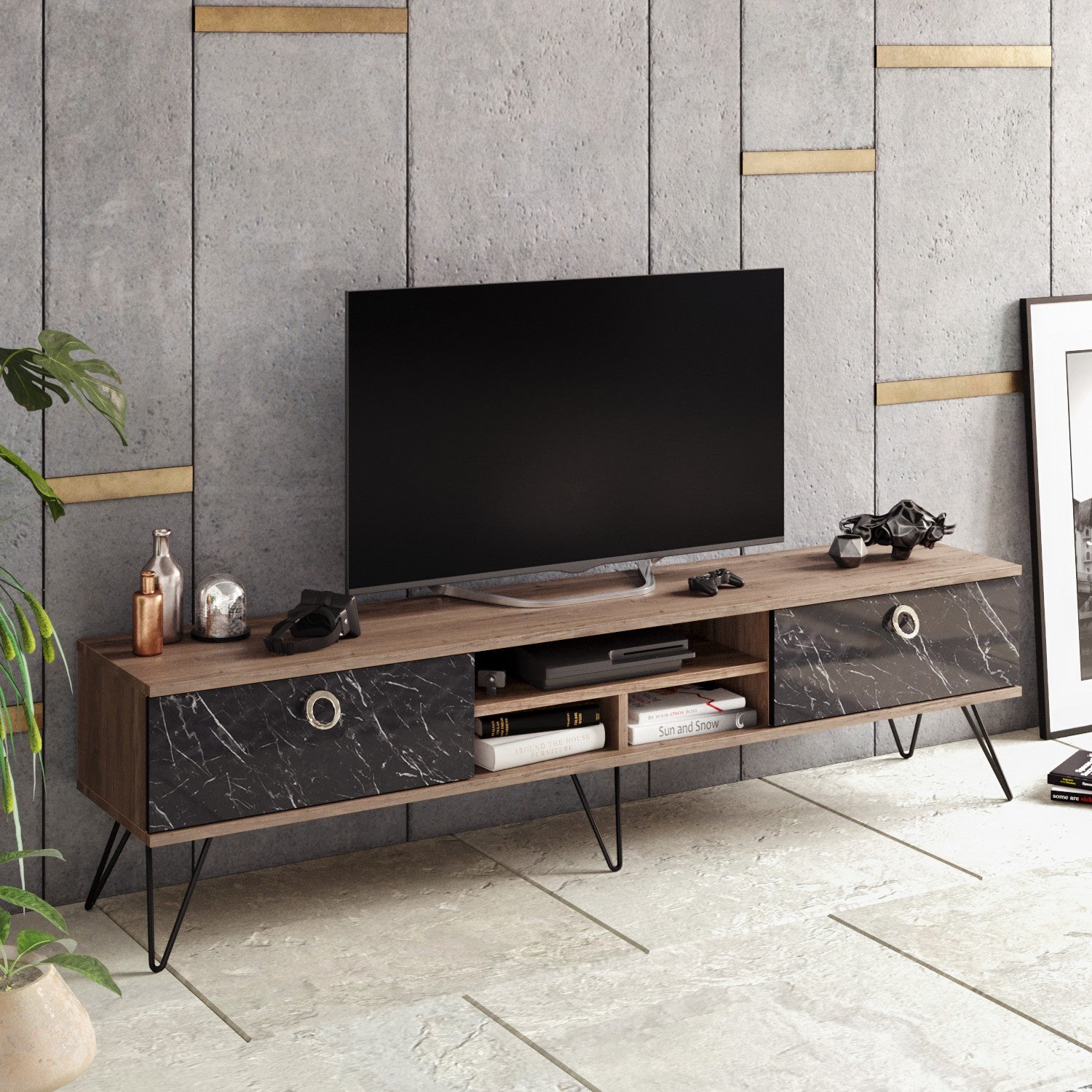 Suporte de TV moderno com pés de metal, nogueira e preto, 180 cm | Painel de partículas 100% revestido de melamina, 18 mm de espessura | Solução de armazenamento elegante e montável na parede