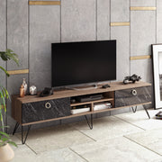 Suporte de TV moderno com pés de metal, nogueira e preto, 180 cm | Painel de partículas 100% revestido de melamina, 18 mm de espessura | Solução de armazenamento elegante e montável na parede