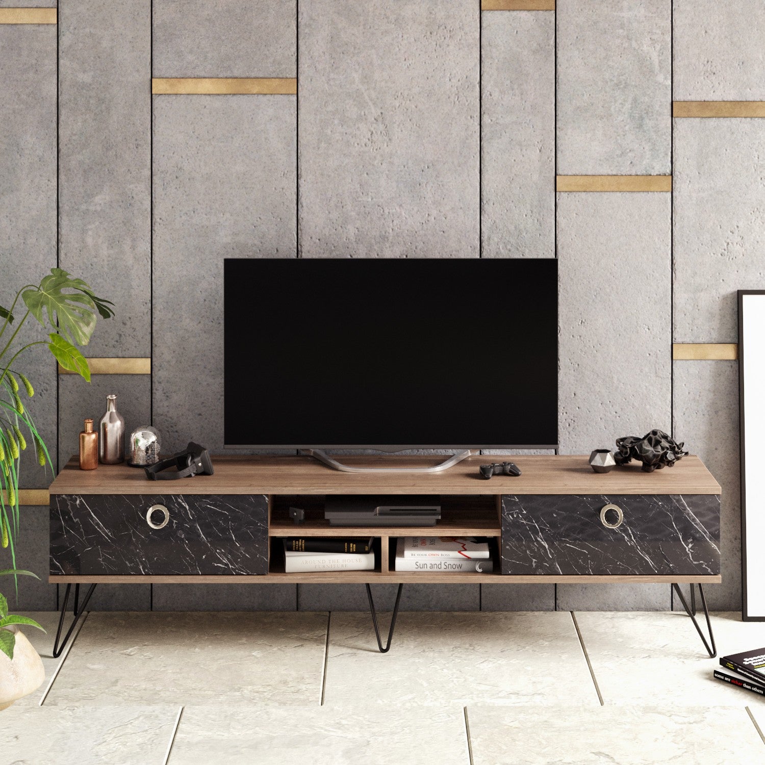 Suporte de TV moderno com pés de metal, nogueira e preto, 180 cm | Painel de partículas 100% revestido de melamina, 18 mm de espessura | Solução de armazenamento elegante e montável na parede