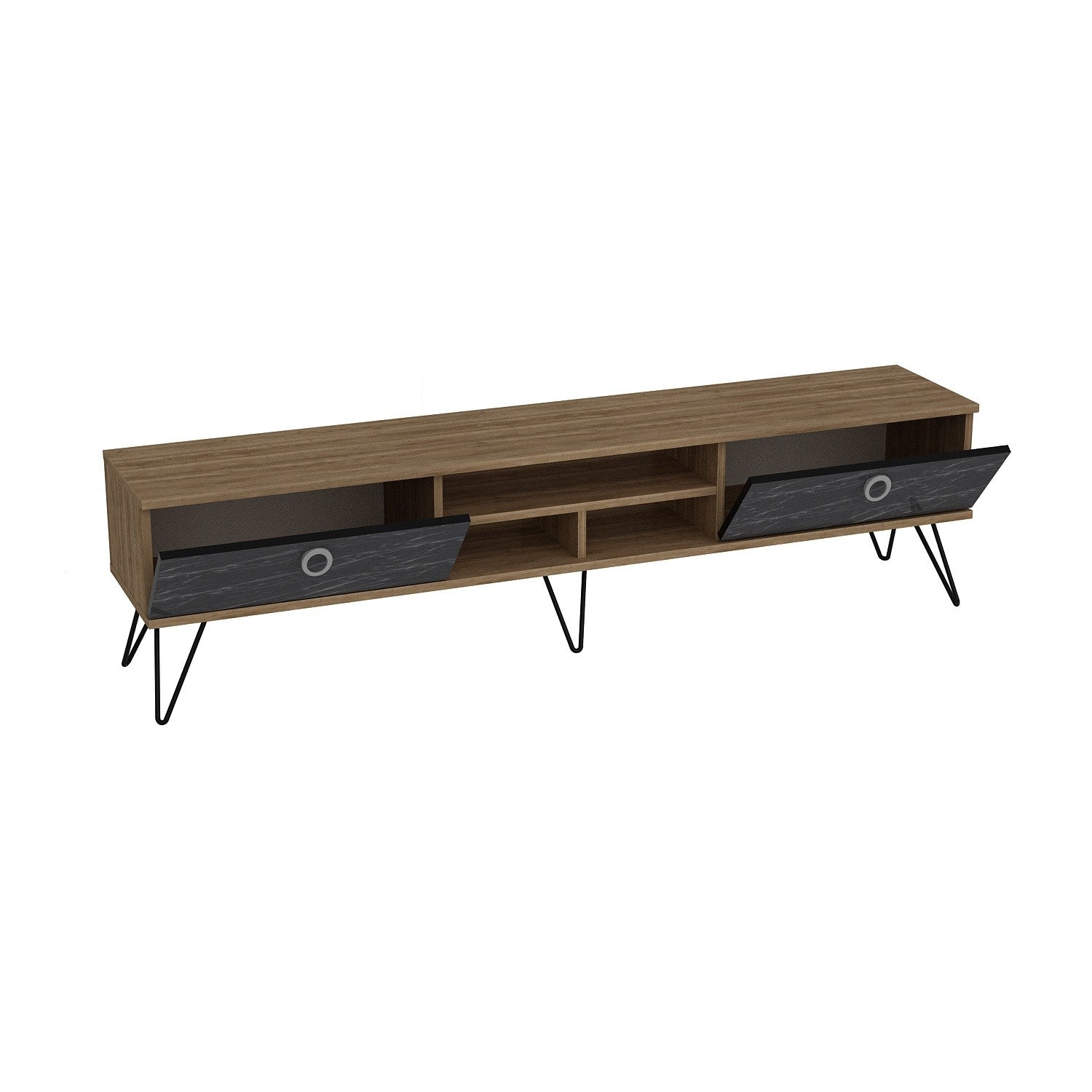 Suporte de TV moderno com pés de metal, nogueira e preto, 180 cm | Painel de partículas 100% revestido de melamina, 18 mm de espessura | Solução de armazenamento elegante e montável na parede