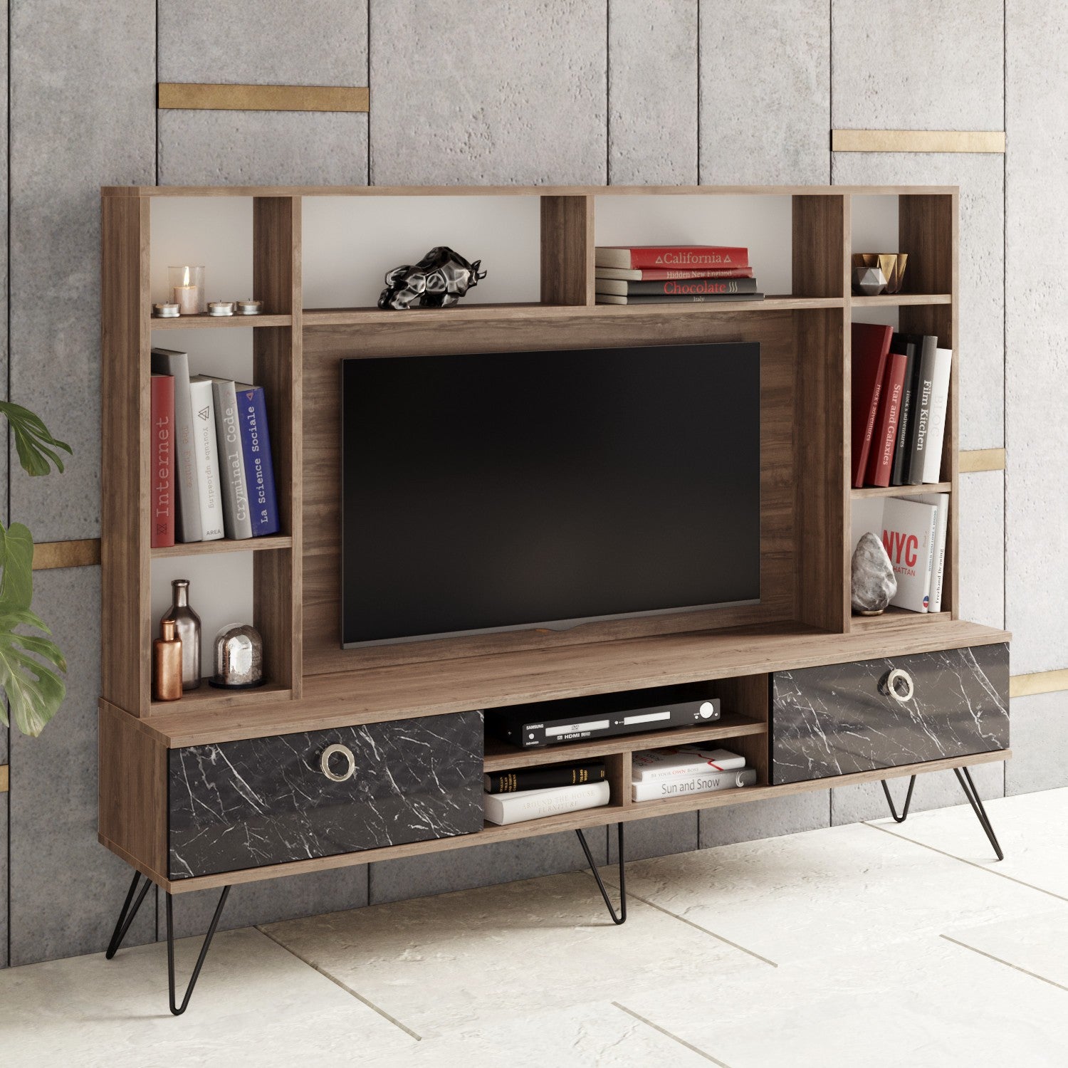 Móvel de TV moderno com pés de metal, nogueira e preto, 180 cm | 100% revestido em melamina, 2 gavetas, montável na parede, solução de armazenamento elegante para sala de estar