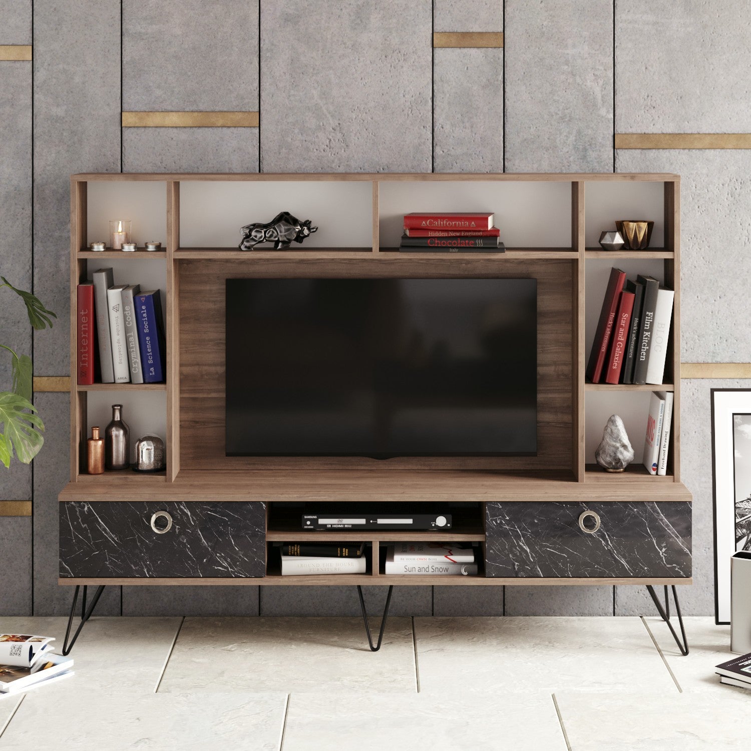 Móvel de TV moderno com pés de metal, nogueira e preto, 180 cm | 100% revestido em melamina, 2 gavetas, montável na parede, solução de armazenamento elegante para sala de estar